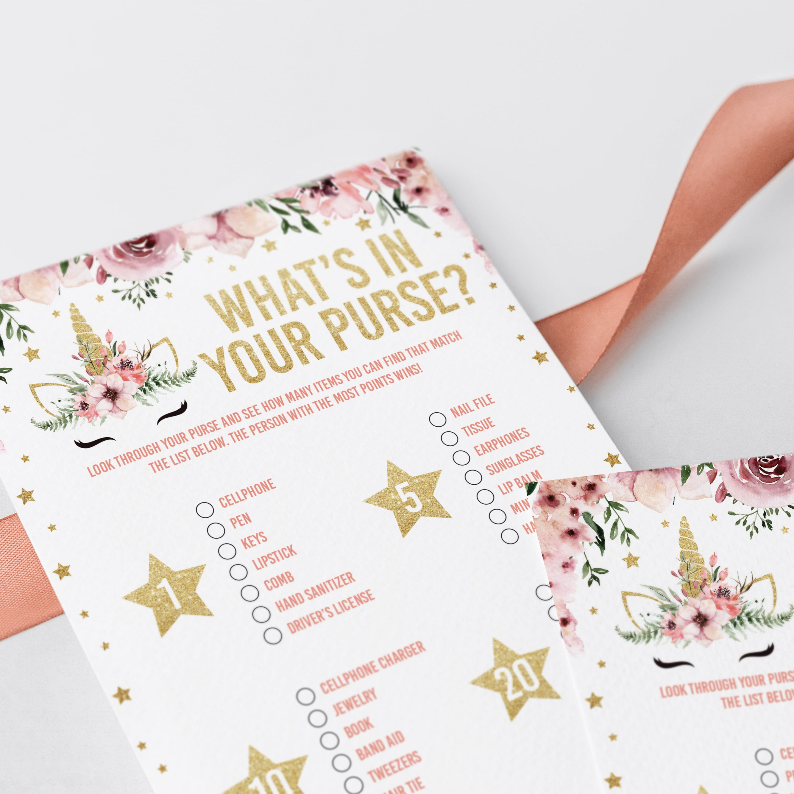 Unicorn baby shower games purse raid printable by LittleSizzle