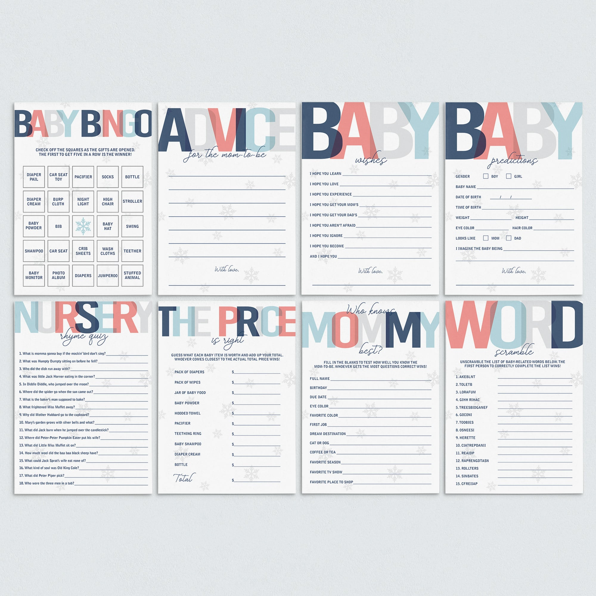 Winter shower games printable by LittleSizzle