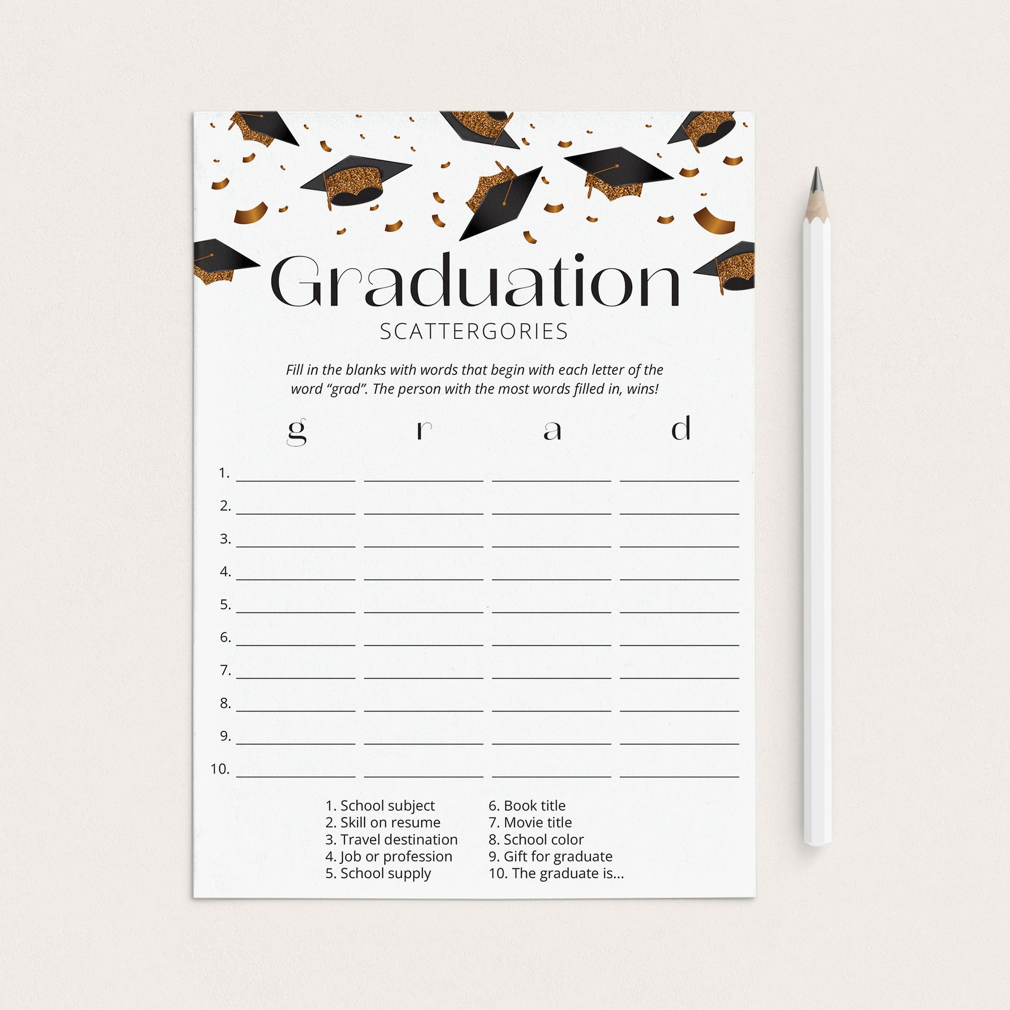 Graduation Scattergories Game Printable by LittleSizzle