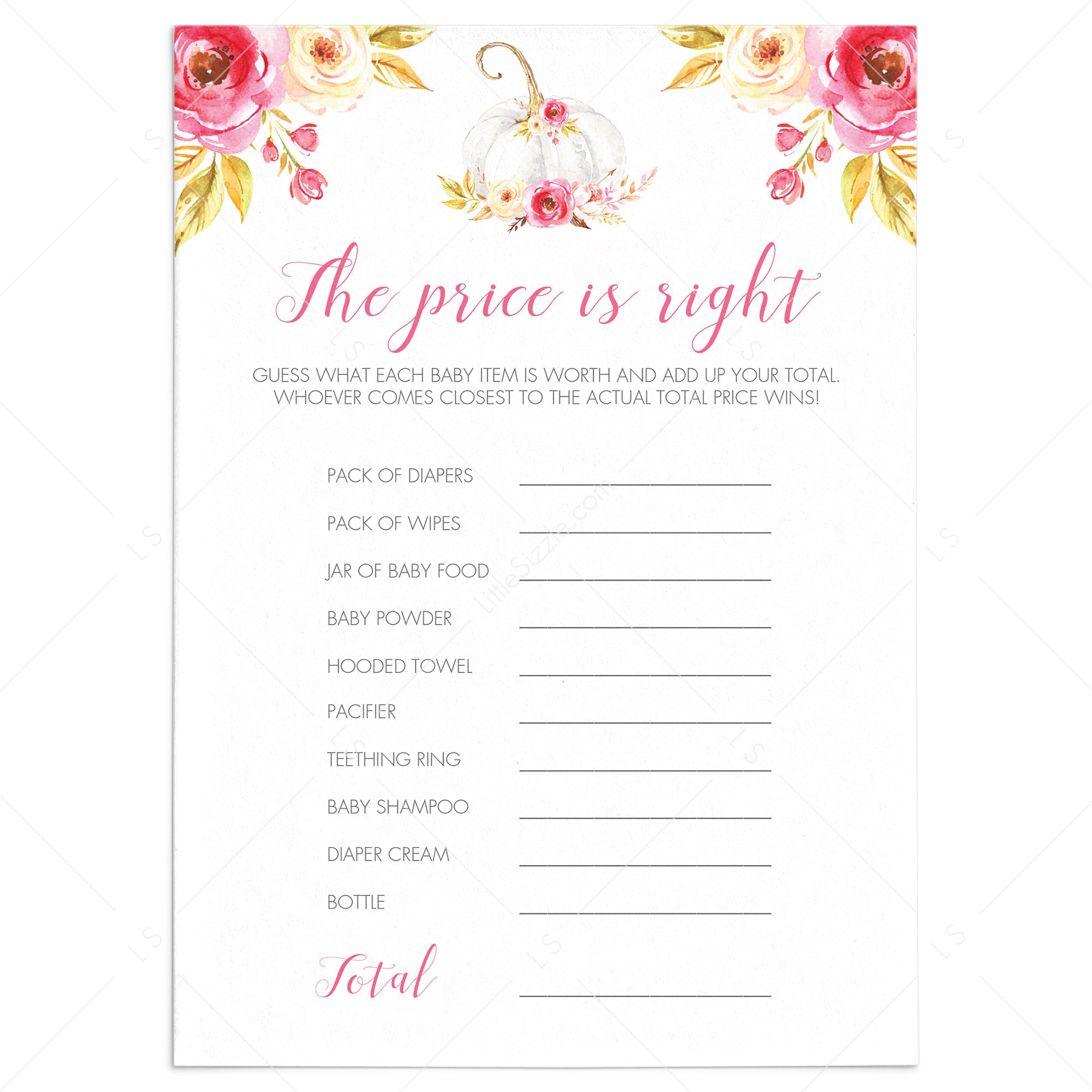 Fall baby shower game for girl the price is right printable by LittleSizzle