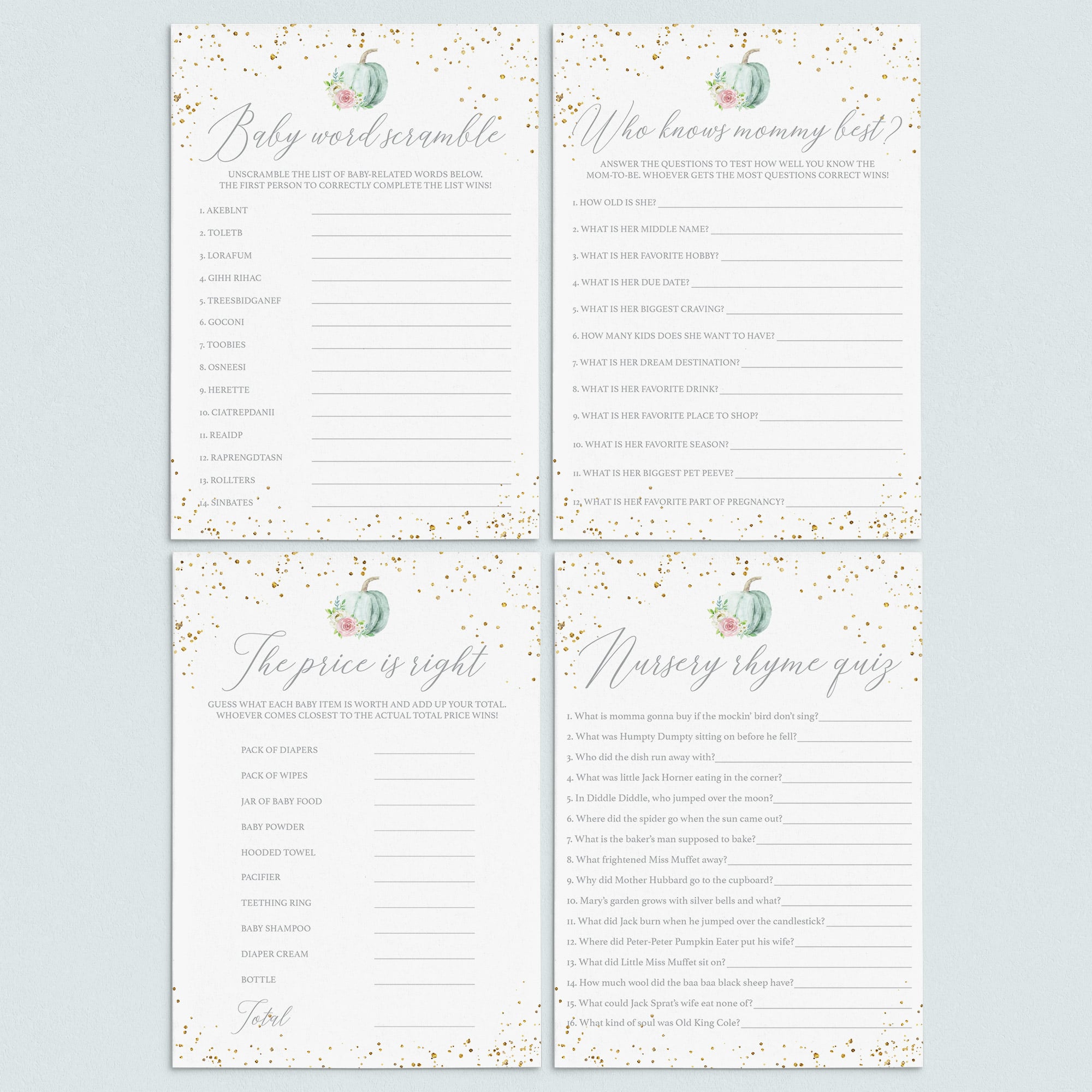 Watercolor Pumpkin Baby Shower Games Bundle Download by LittleSizzle