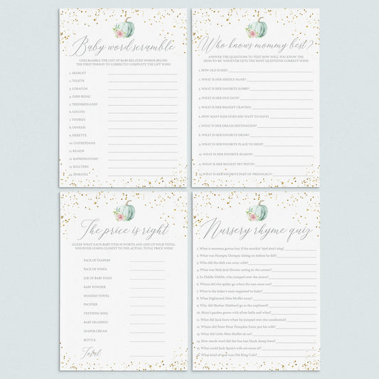 Watercolor Pumpkin Baby Shower Games Bundle Download by LittleSizzle