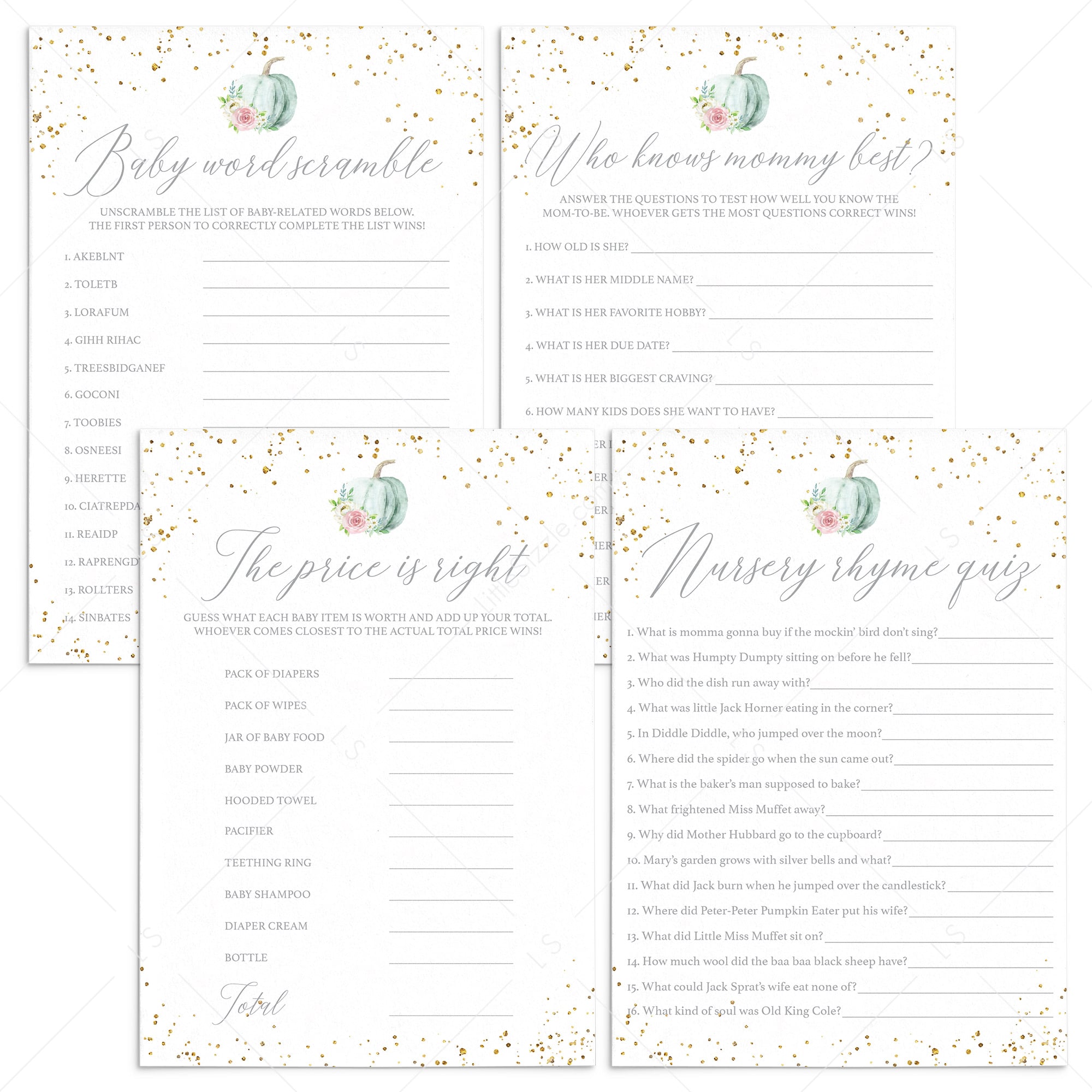 Watercolor Pumpkin Baby Shower Games Bundle Download by LittleSizzle