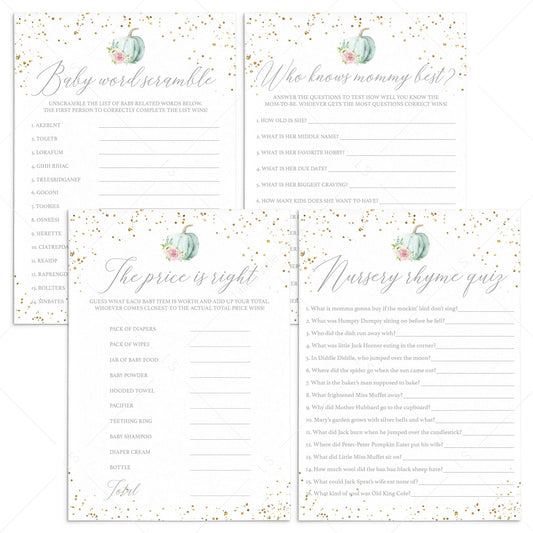 Watercolor Pumpkin Baby Shower Games Bundle Download by LittleSizzle