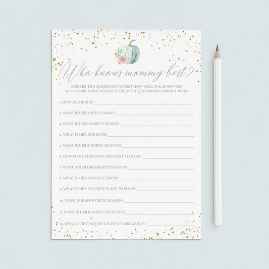 Pumpkin Baby Shower Game Who Knows Mommy Best Printable by LittleSizzle