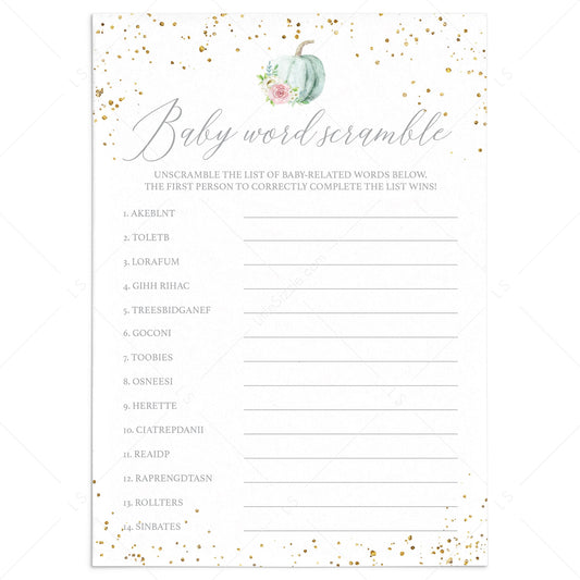 Floral Pumpkin Baby Shower Word Puzzle Printable by LittleSizzle