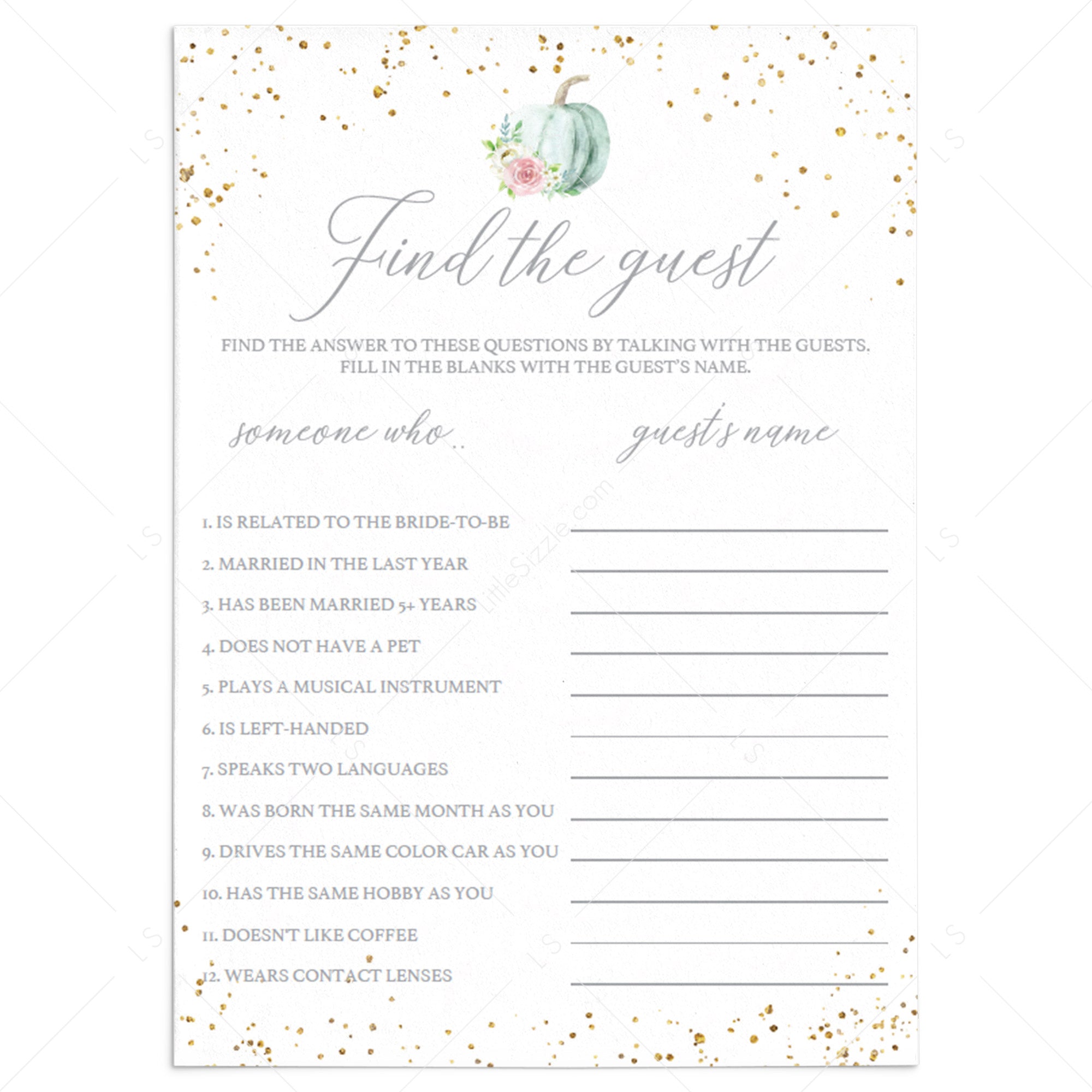 Fall Theme Find The Guest Game Template with Watercolor Pumpkin by LittleSizzle