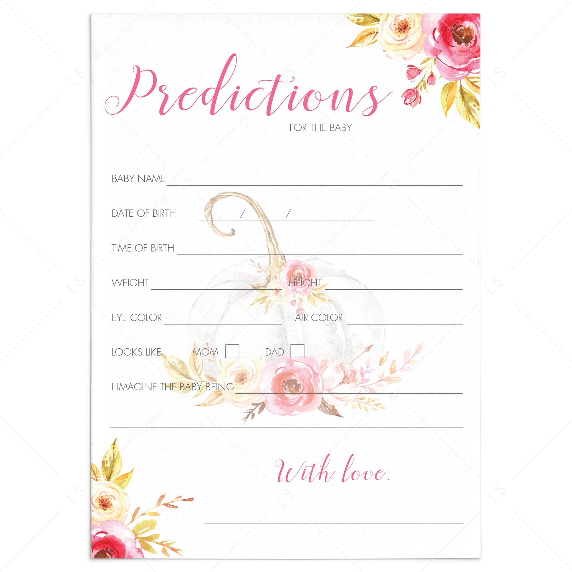 Floral pumpkin baby shower predictions game by LittleSizzle