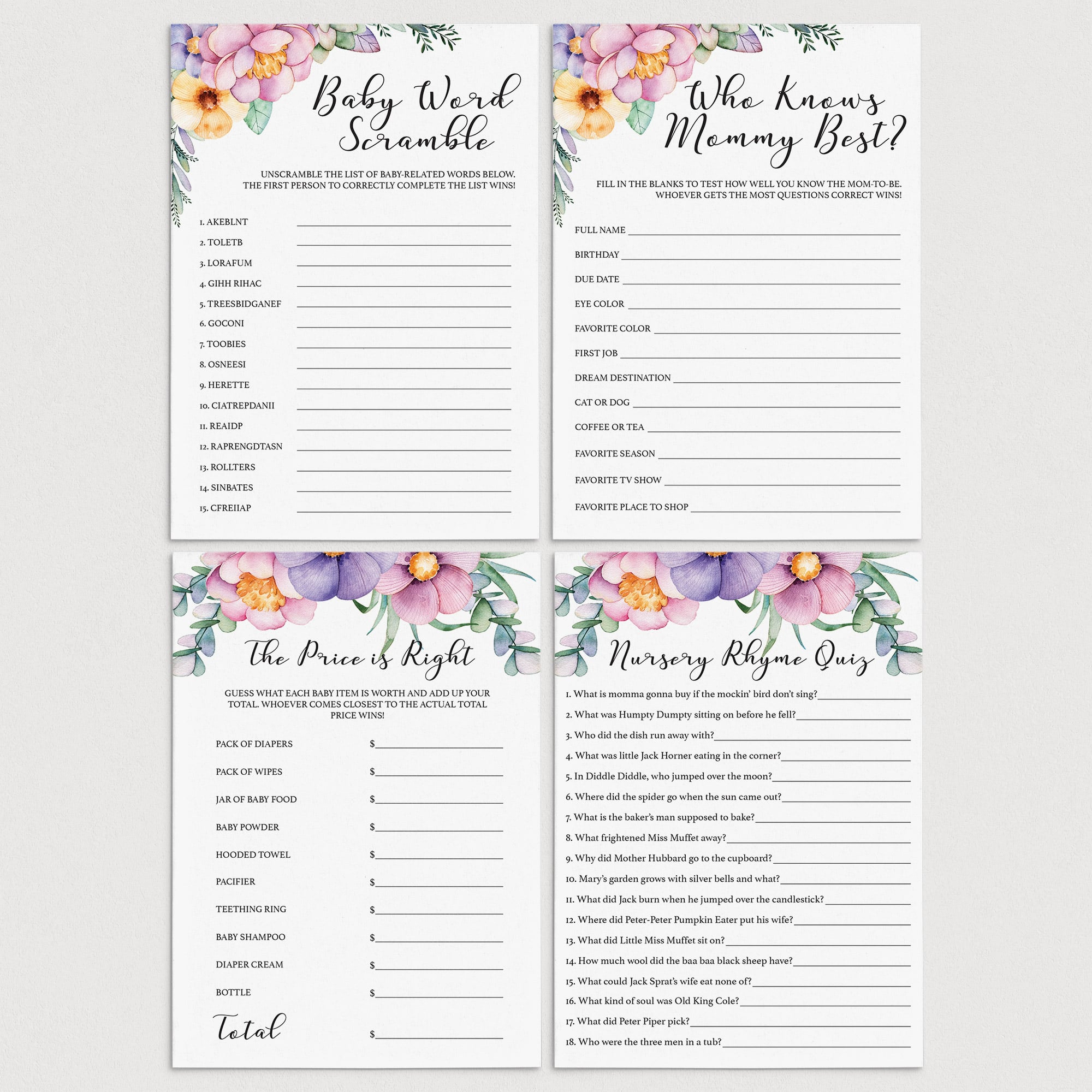 Printable pink and purple baby shower game package by LittleSizzle