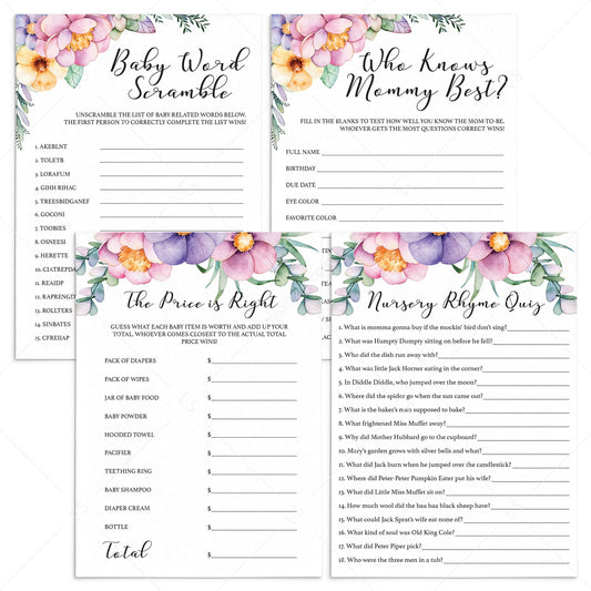 Pink and purple flower baby party games printable by LittleSizzle