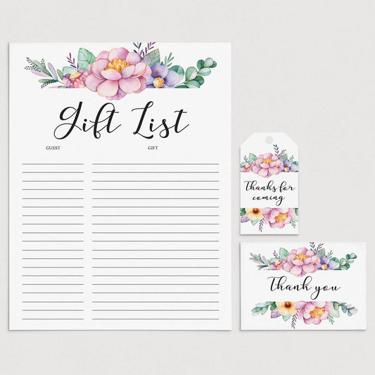 Printable thank you cards, gift list and favor tags with purple flowers by LittleSizzle