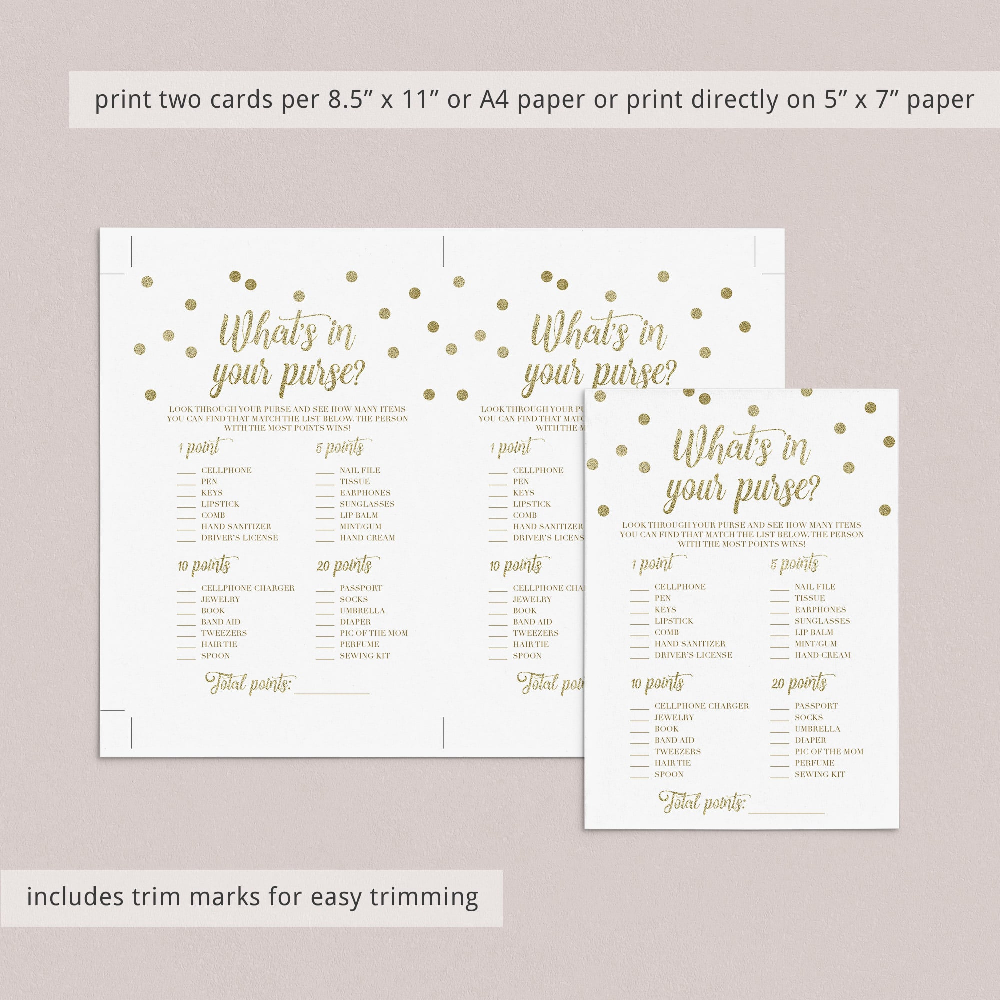 Gold confetti baby shower whats in your bag game by LittleSizzle