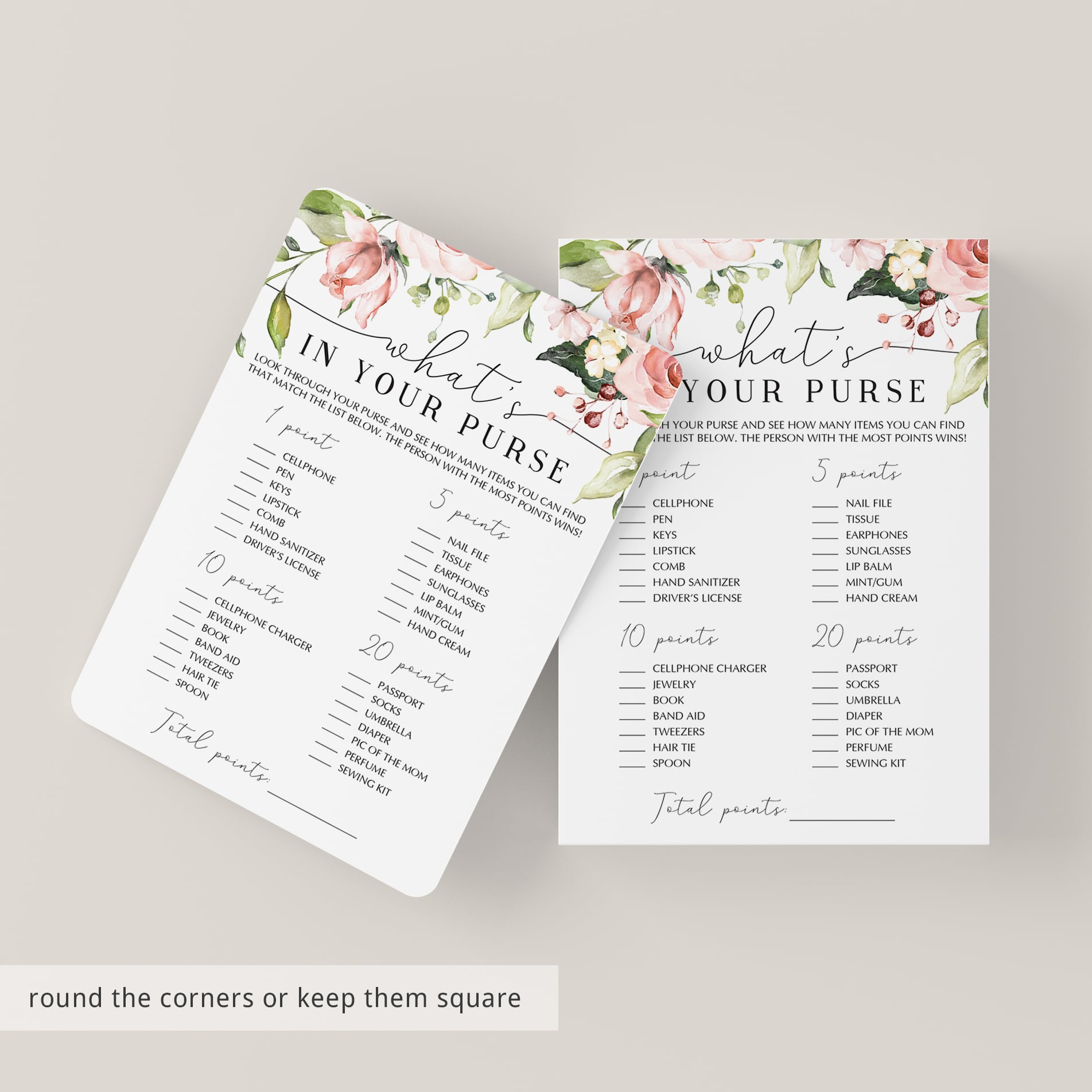 Printable purse raid game for floral baby party by LittleSizzle