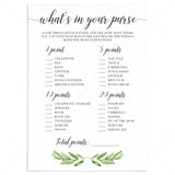 What's in your purse baby shower game with green leaves printable by LittleSizzle