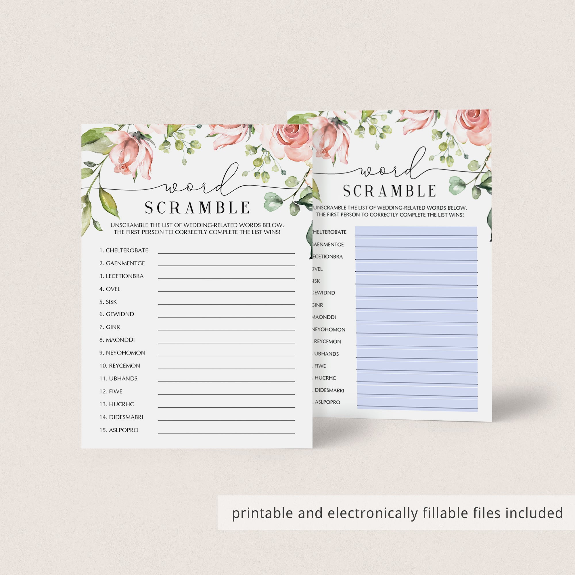 Blush Floral Wedding Games Word Scramble Printable & Virtual