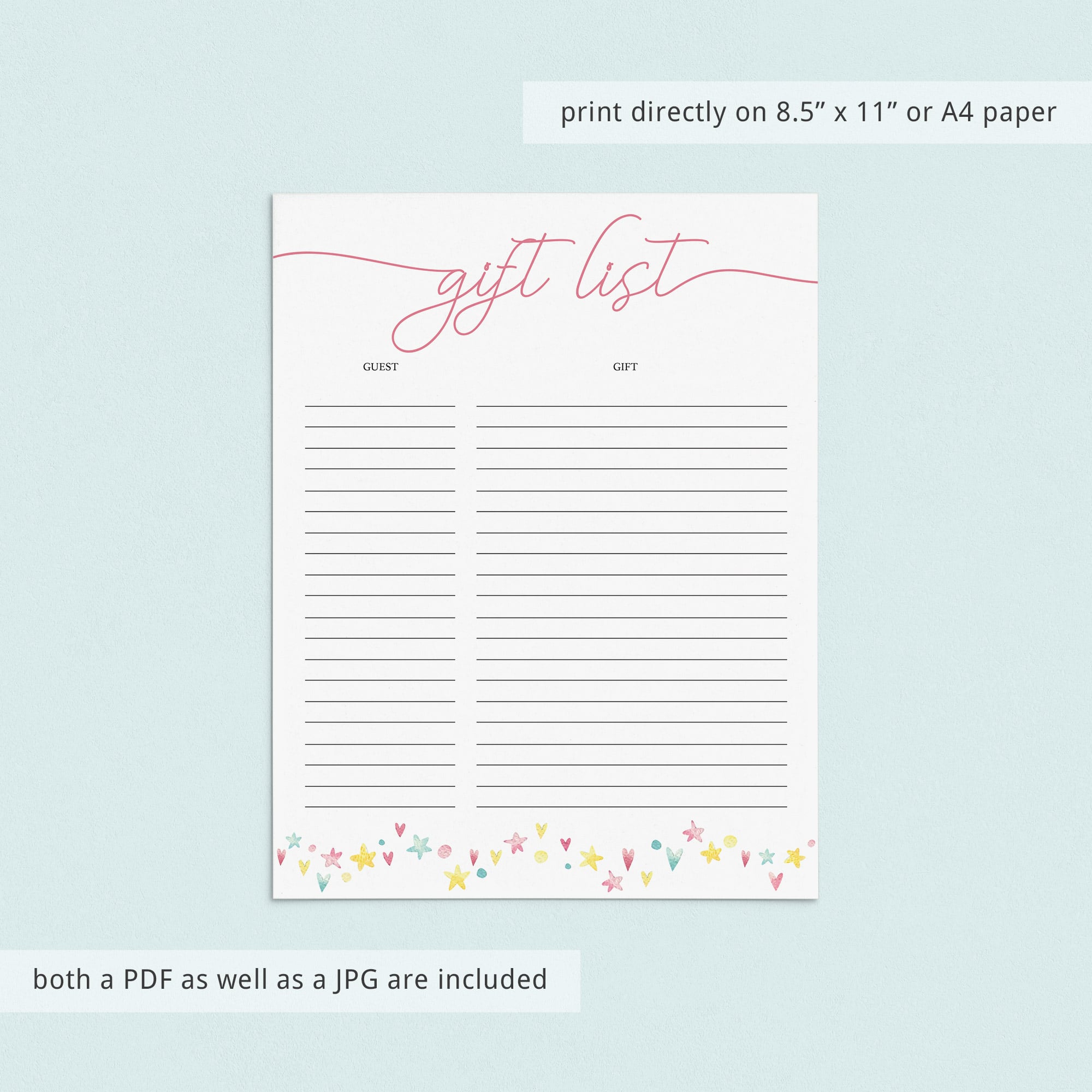 Printable guest and gift list for pink shower by LittleSizzle