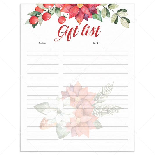 Red and Greenery Holiday Gift List Printable