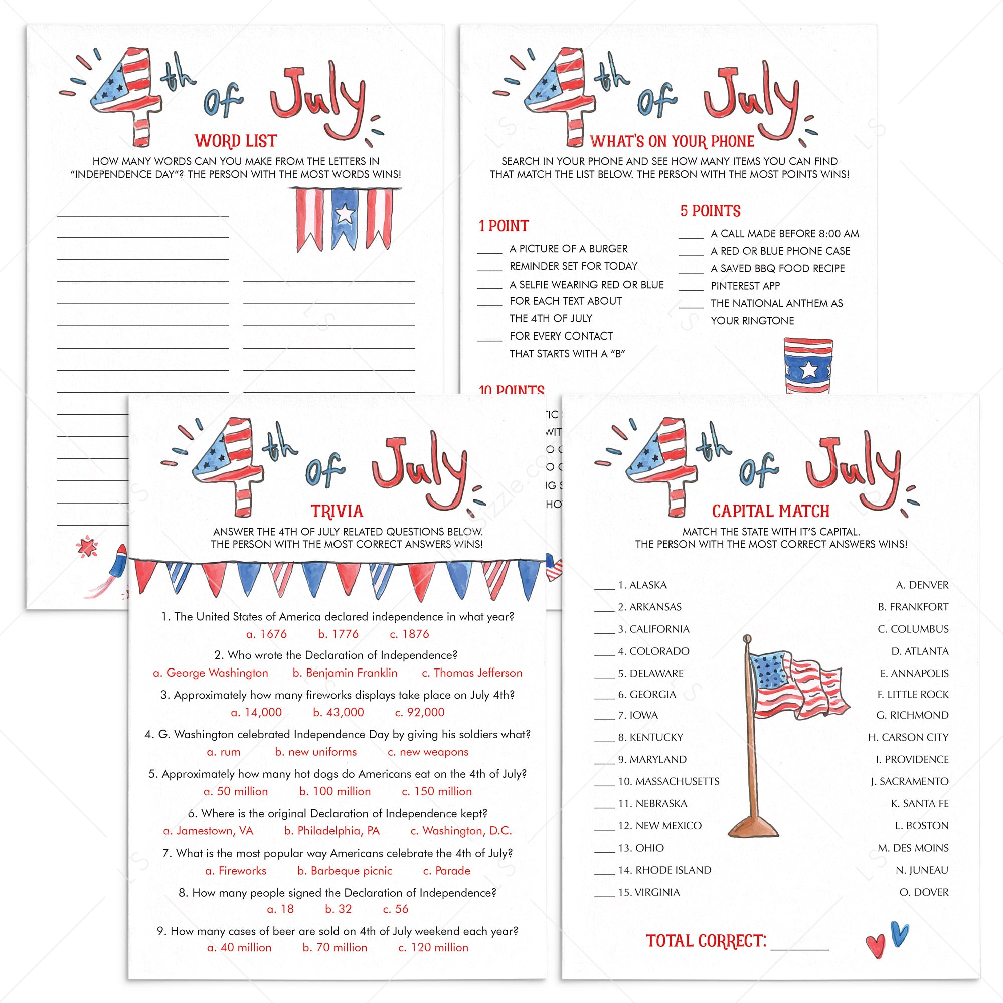 4th of July BBQ Games Bundle Instant Download by LittleSizzle