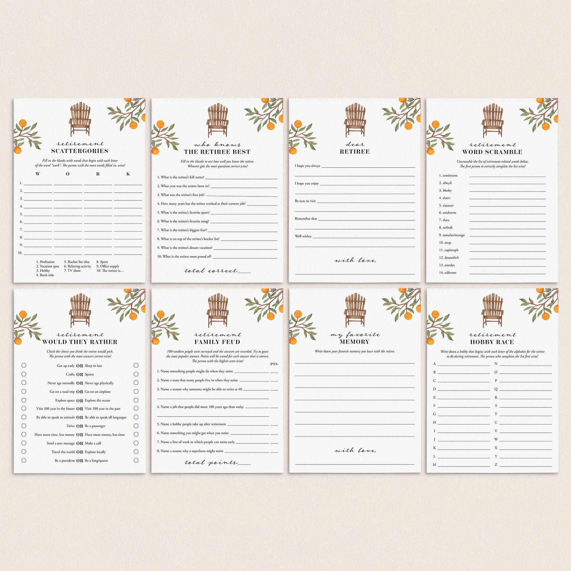 8 Retirement Games Printable Instant Download by LittleSizzle