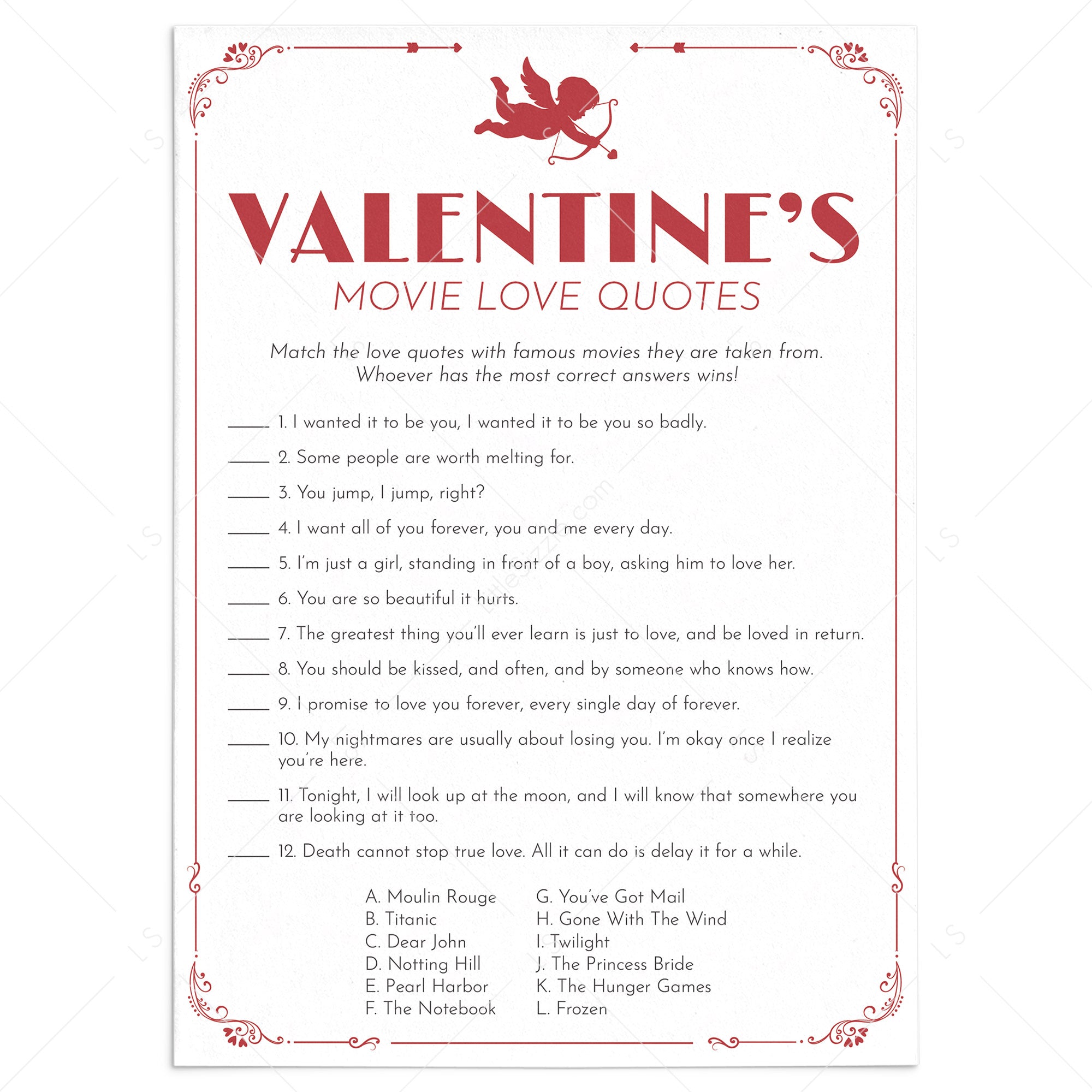 Cupid Valentine's Day Game Printable Movie Match by LittleSizzle
