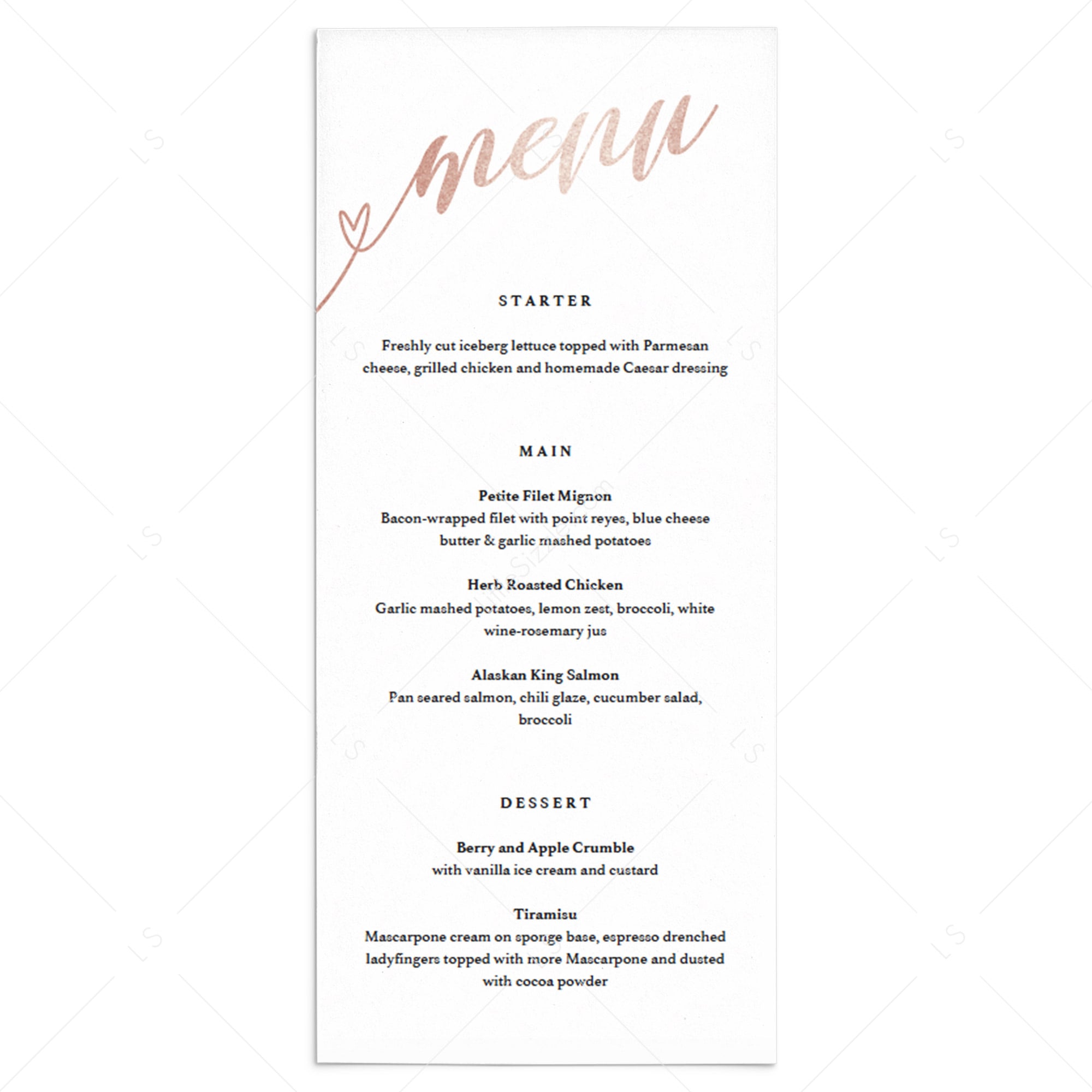 Rose gold menu card printable by LittleSizzle