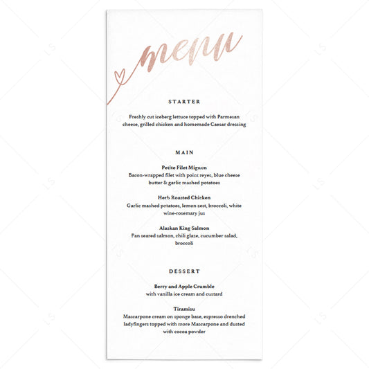 Rose gold menu card printable by LittleSizzle