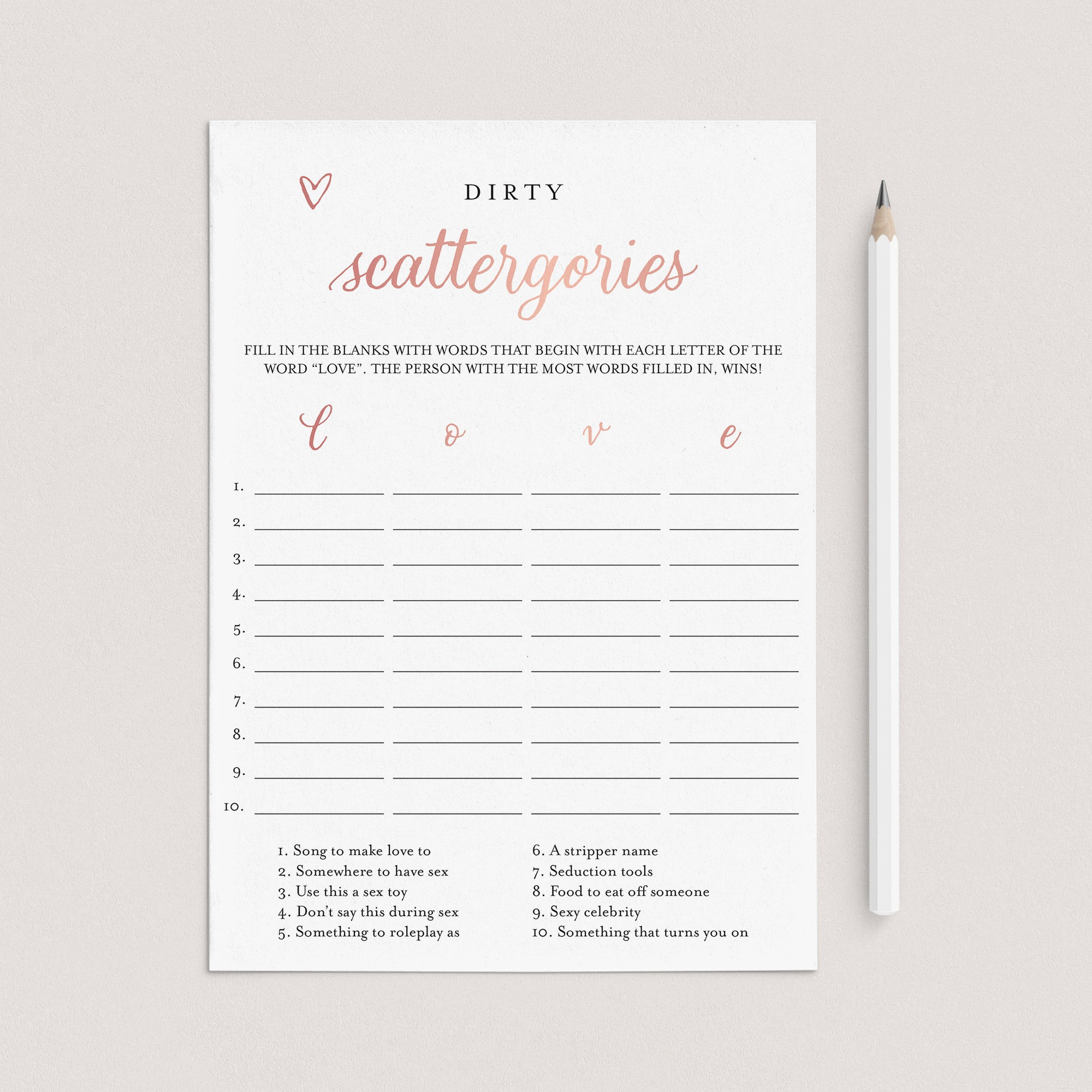 Rose Gold Hen Party Game Scattergories Printable by LittleSizzle