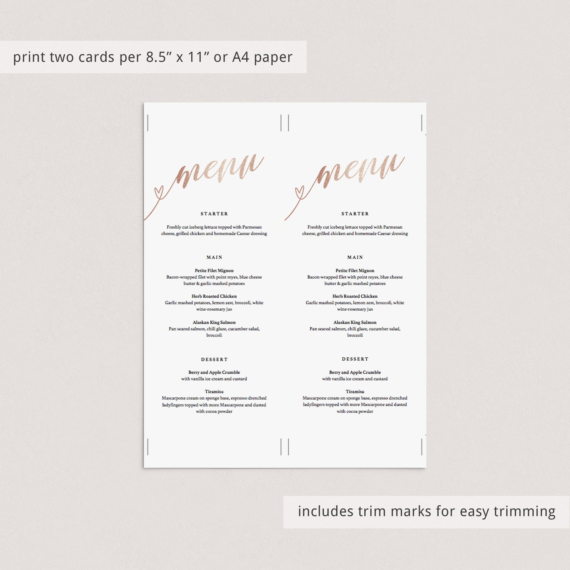 Rose gold party decorations printable menu card by LittleSizzle
