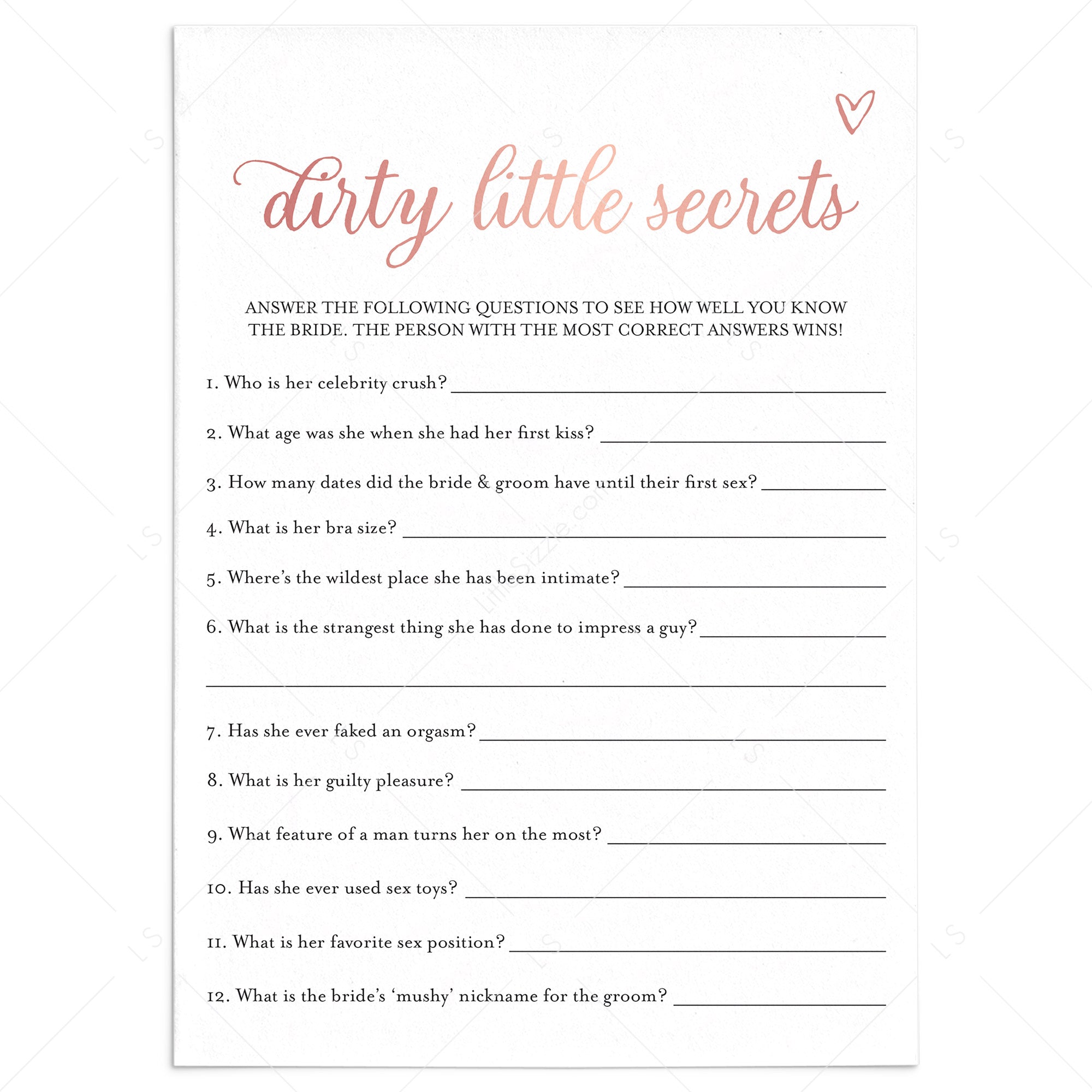 Brides Dirty Little Secrets Game Printable Rose Gold by LittleSizzle