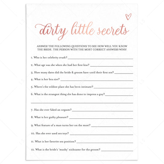 Brides Dirty Little Secrets Game Printable Rose Gold by LittleSizzle