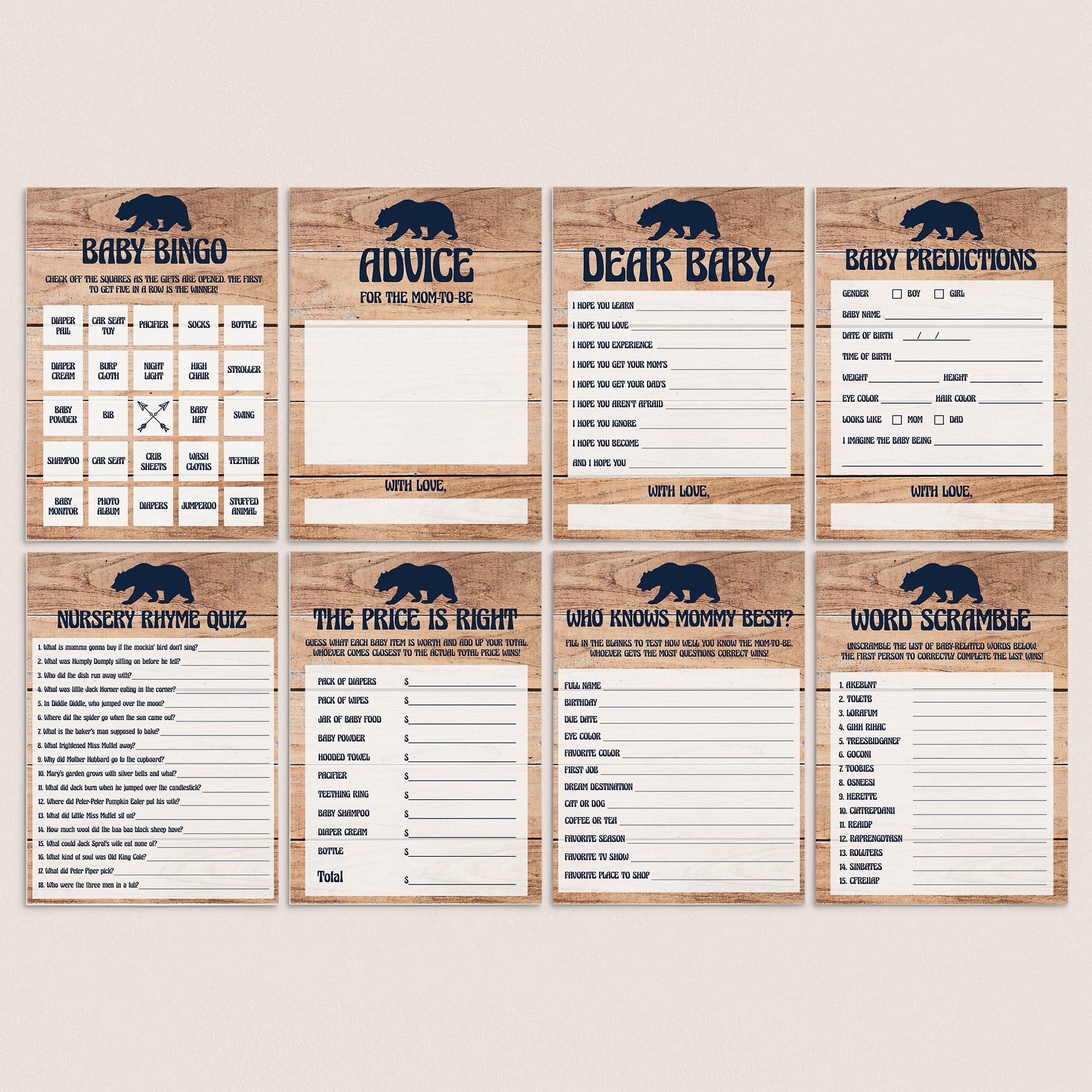 Rustic baby shower games bundle for boys by LittleSizzle
