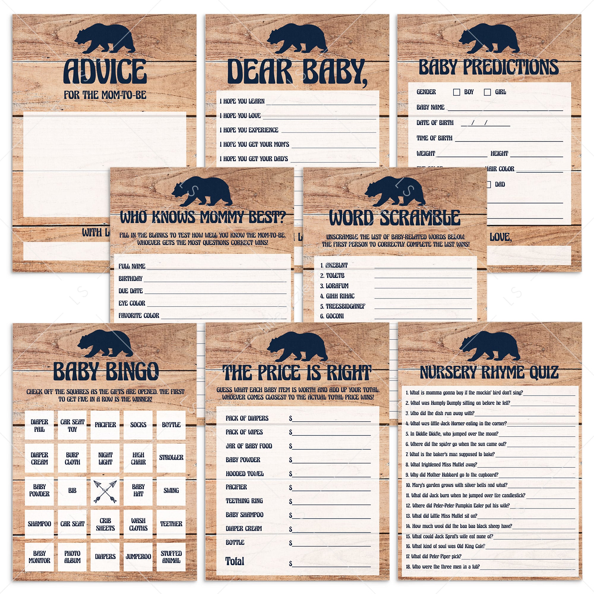 Rustic baby shower games bundle for boys by LittleSizzle