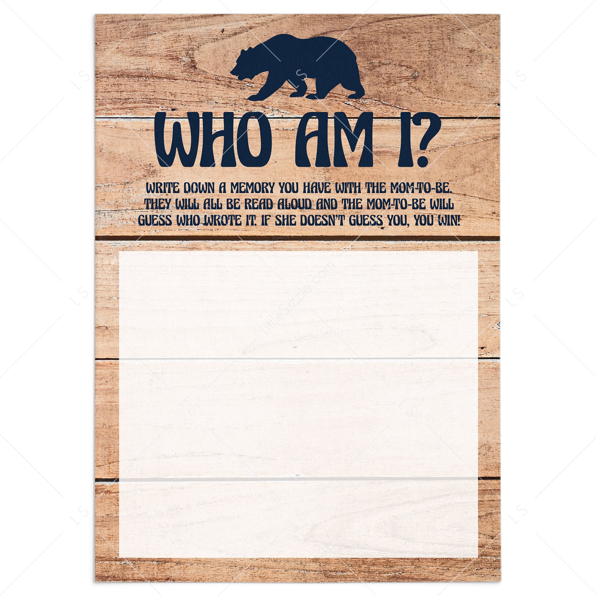 Rustic woodland baby shower games who am I by LittleSizzle