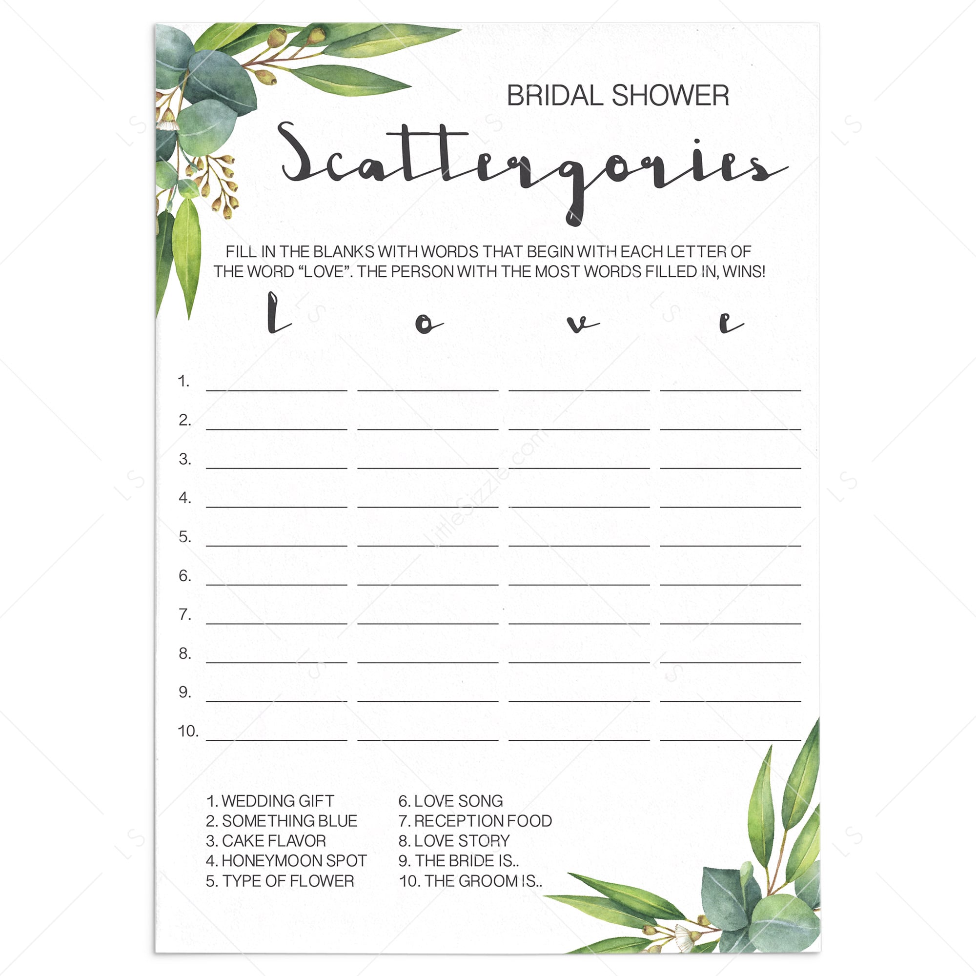 rustic chic bridal shower game scattergories by LittleSizzle
