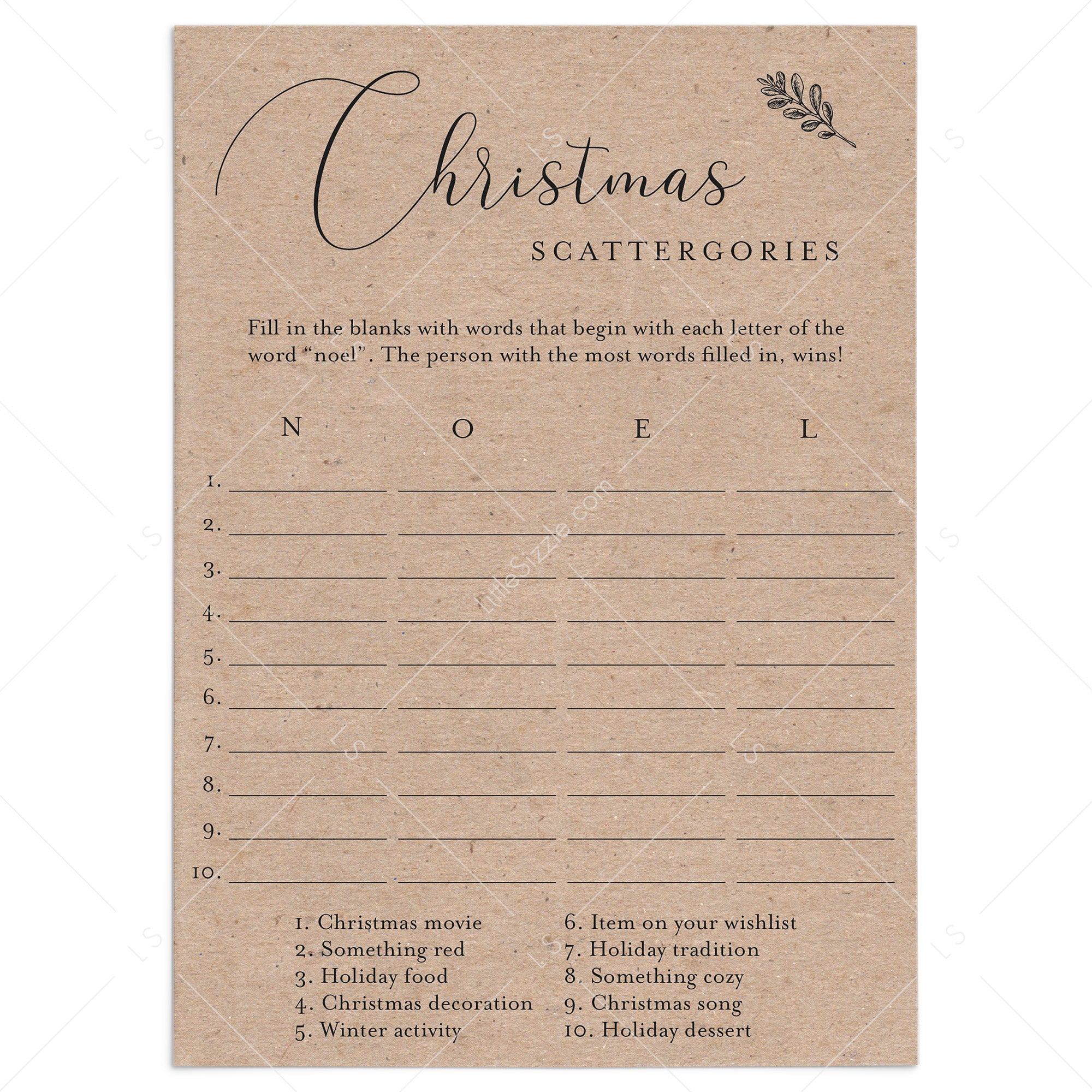 Printable Kraft Christmas Game Scattergories by LittleSizzle