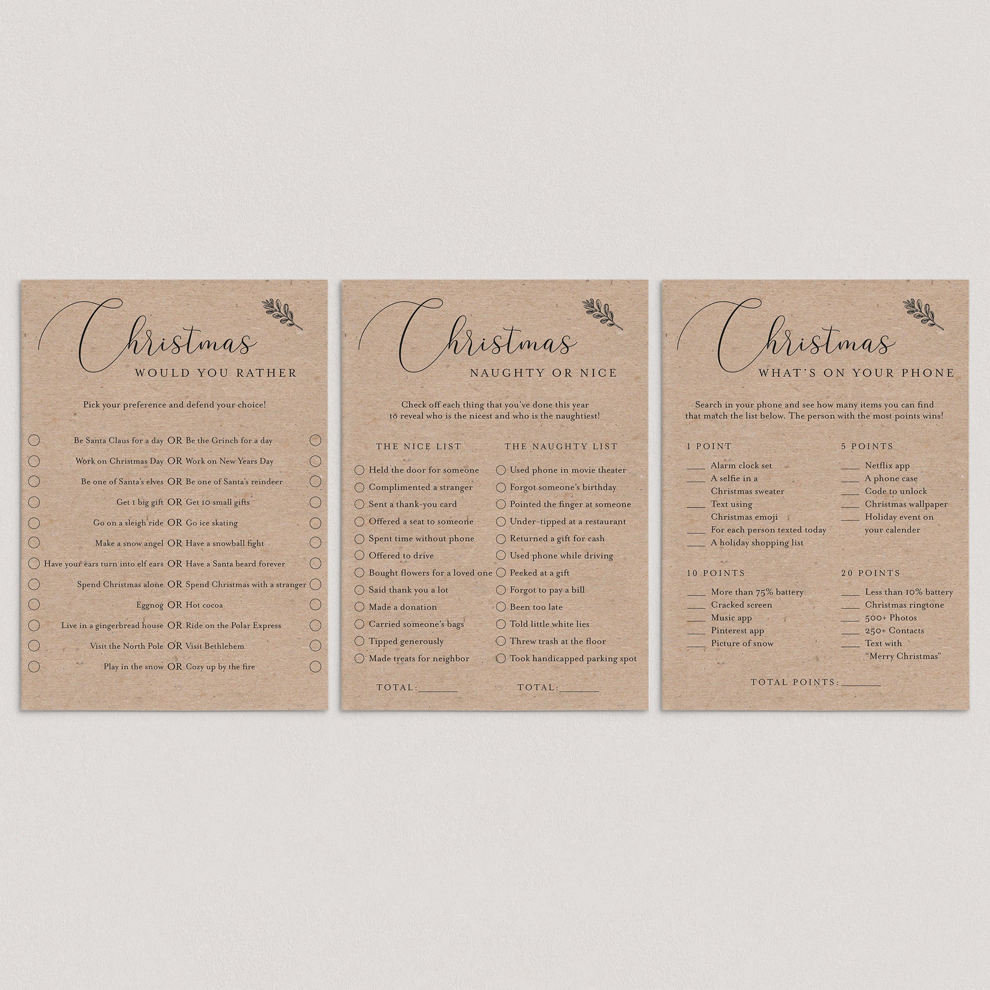 Rustic Christmas Party Games Printables Kraft Paper by LittleSizzle