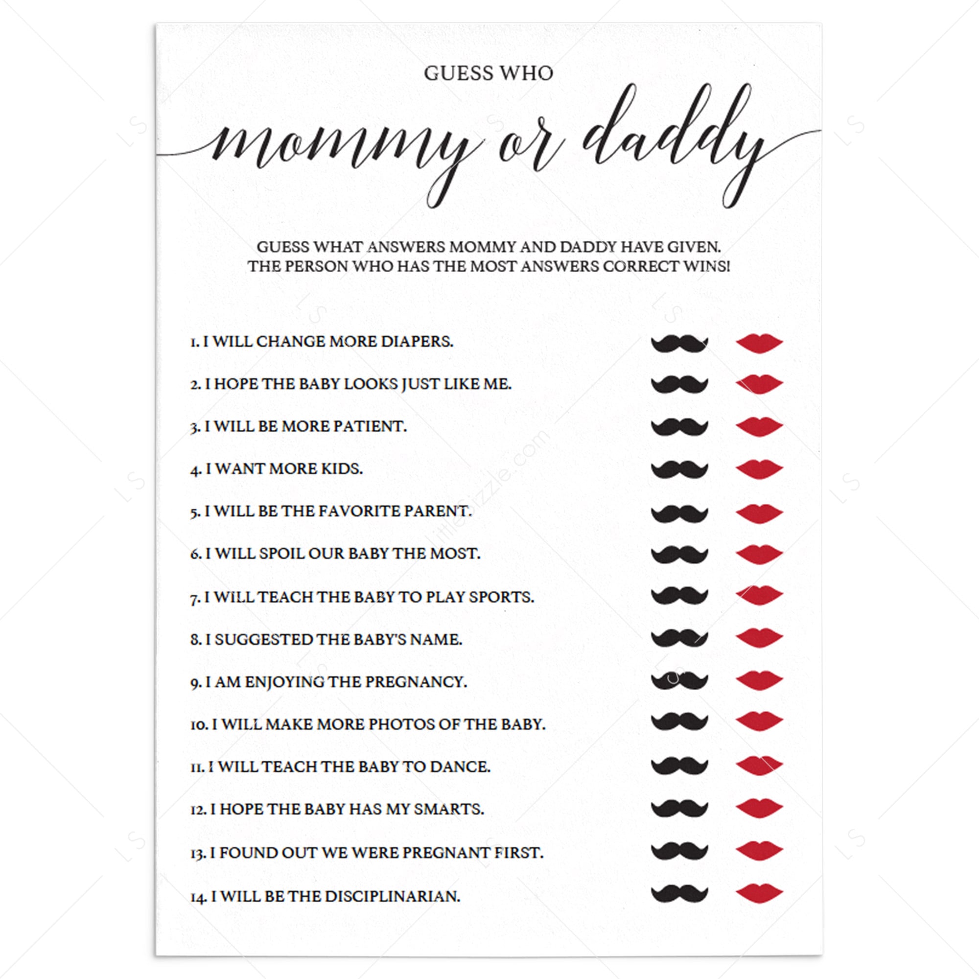 Co-ed baby shower game template Mommy or Daddy