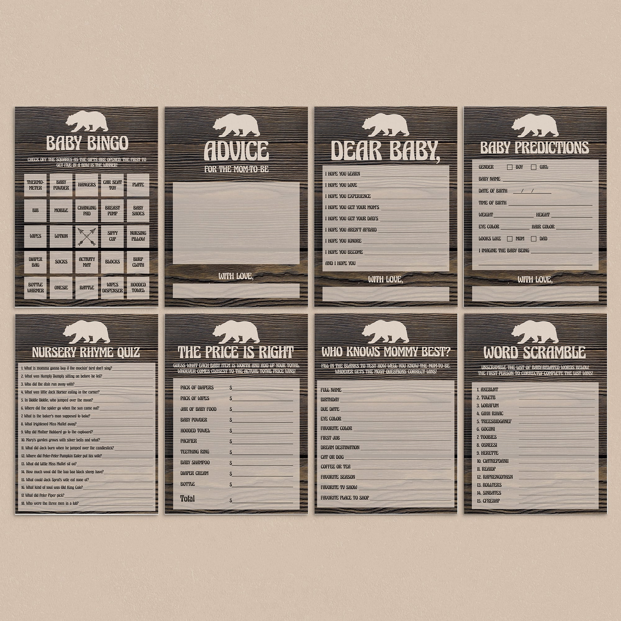 Rustic animal baby shower games package by LittleSizzle
