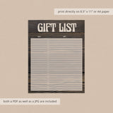 Printable Rustic Wood Gift List