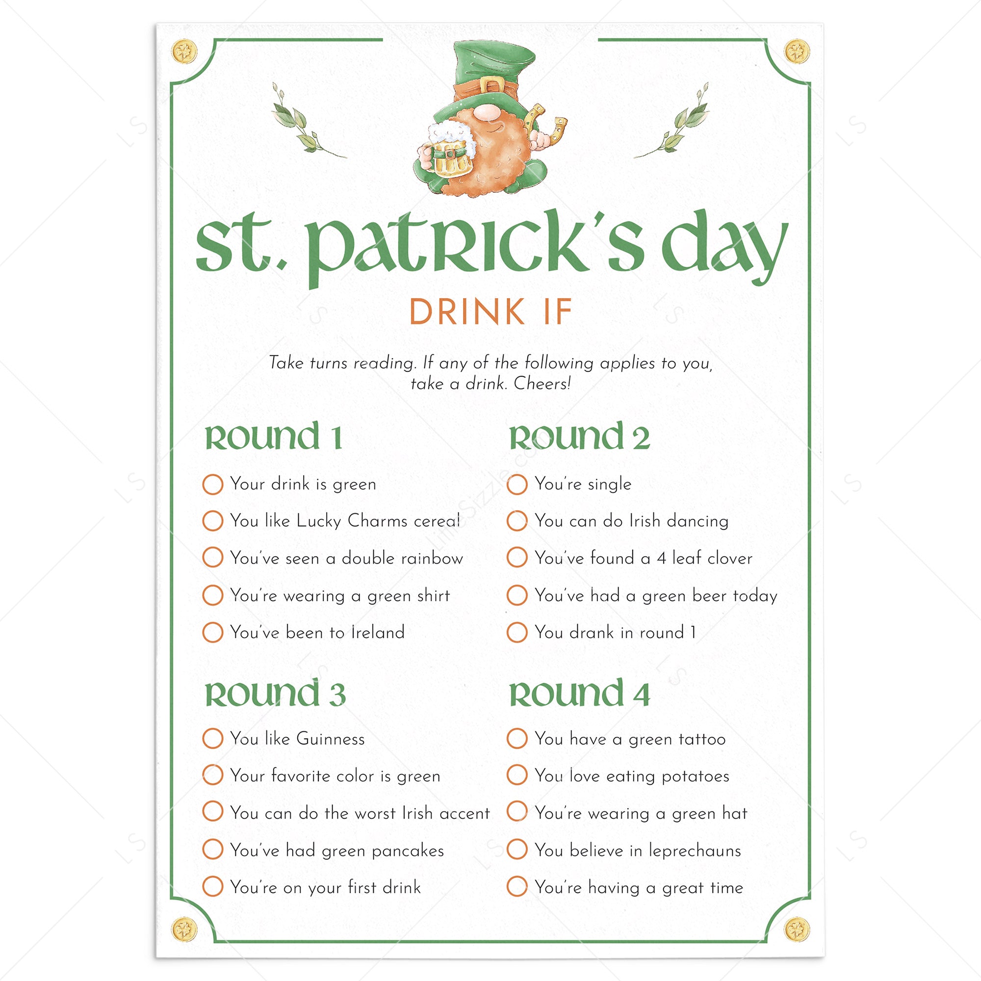 St Patricks Party Game Drink If Printable by LittleSizzle