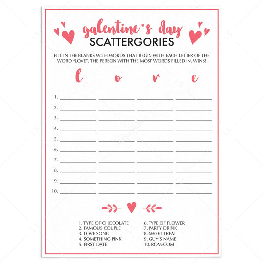 Printable and Virtual Scattergories Game for Galentine's Day Party by LittleSizzle