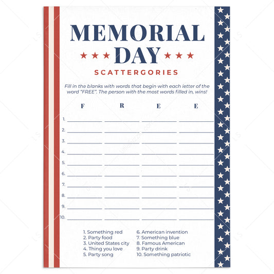 Memorial Day Game Printable Scattergories by LittleSizzle