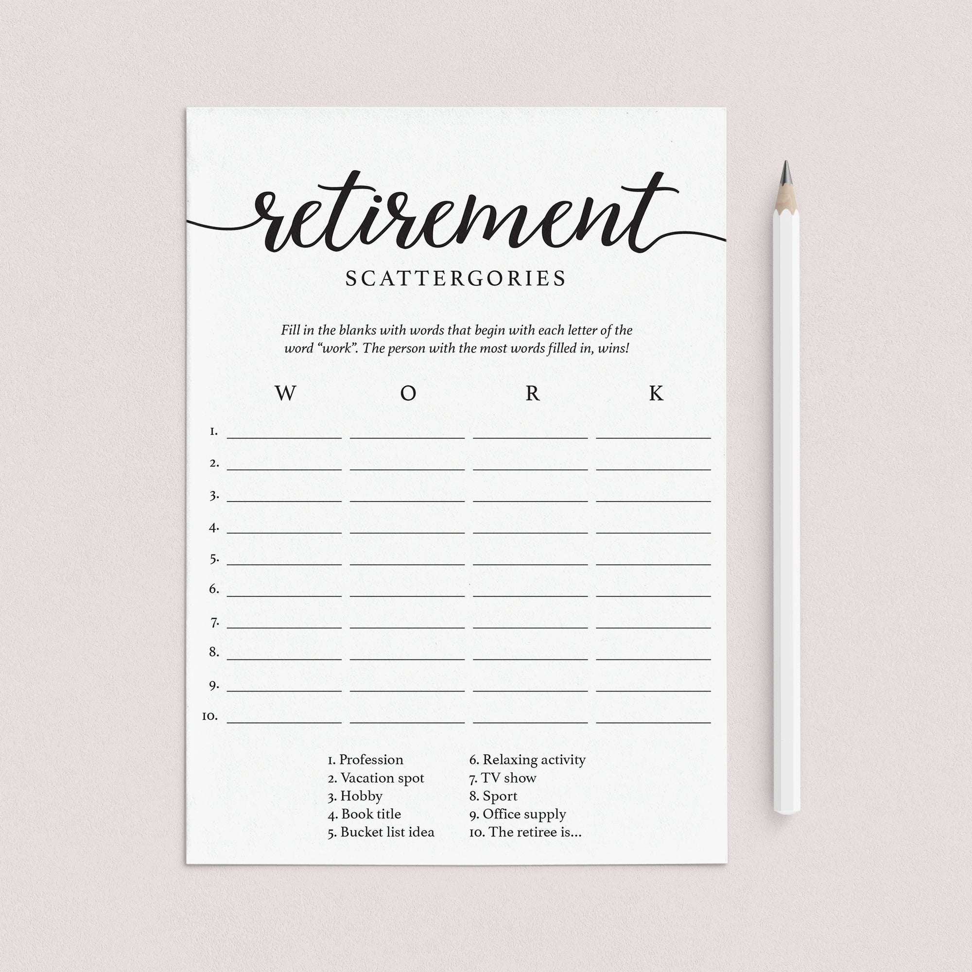 Retirement Party Game Scattergories Instant Download by LittleSizzle