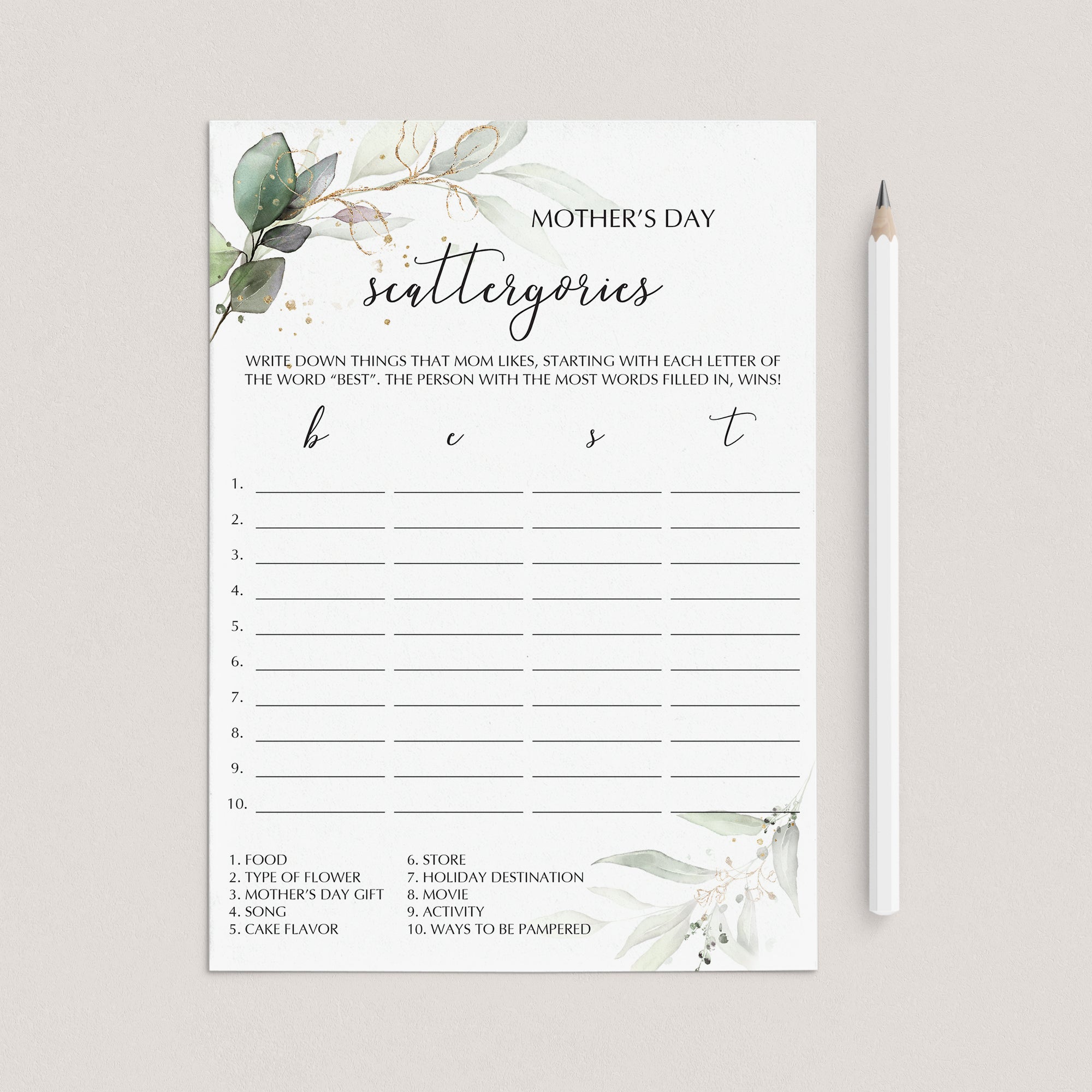 Printable Mothers Day Game Scattergories by LittleSizzle