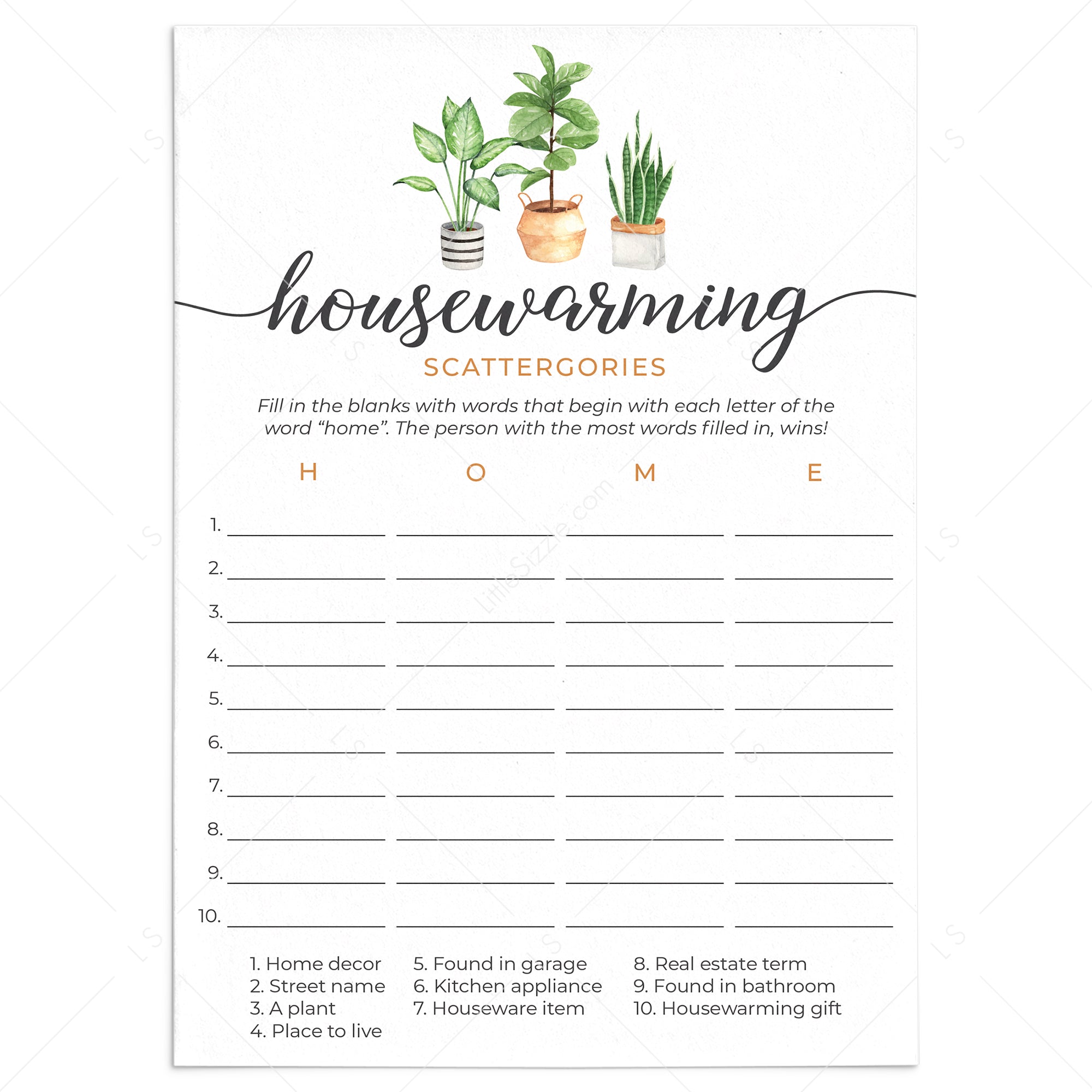 Housewarming Scattergories Game Printable by LittleSizzle