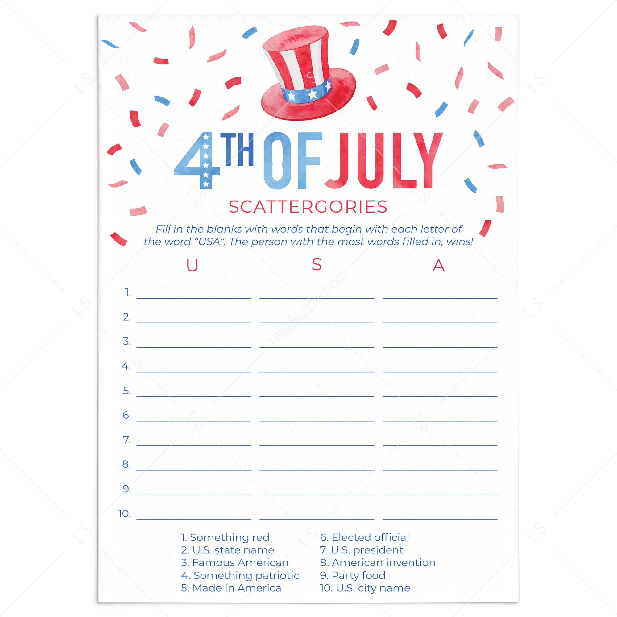 Printable USA Scattergories Game for 4th of July Party by LittleSizzle