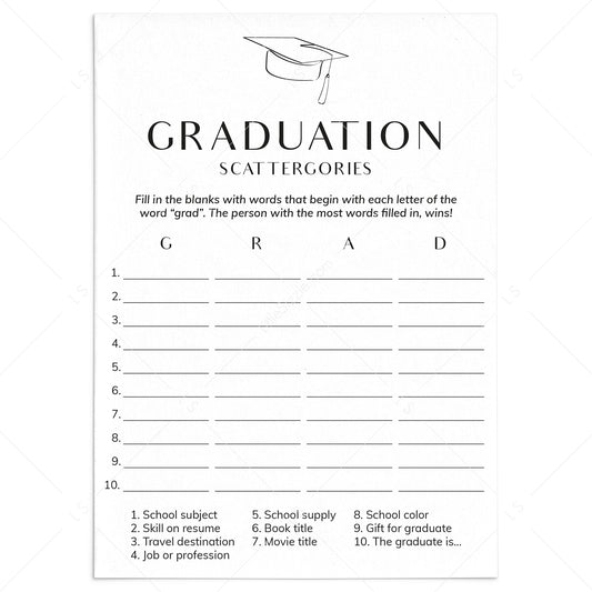 Simple Graduation Game Scattergories Printable by LittleSizzle
