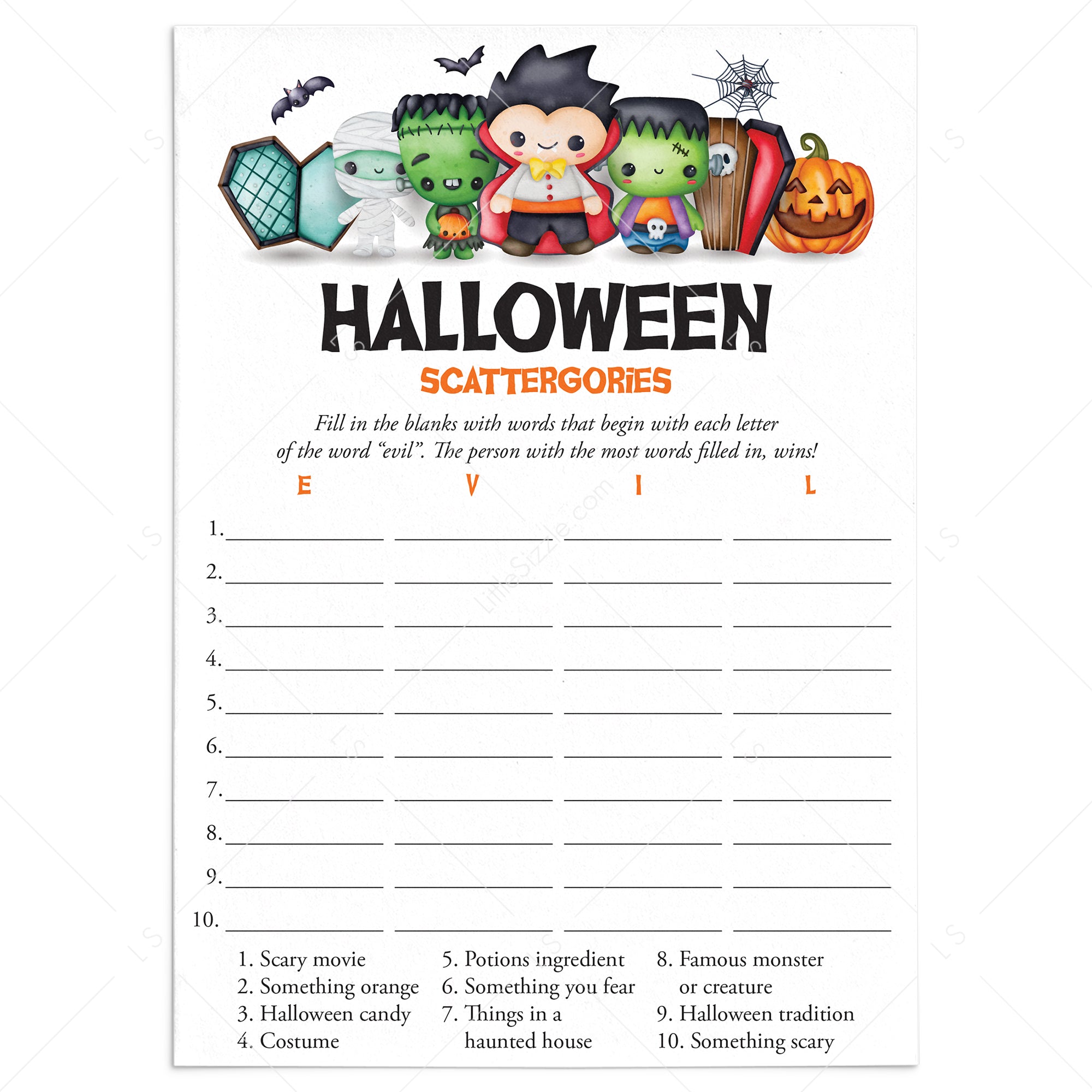 Cute Halloween Party Game Scattergories Printable by LittleSizzle