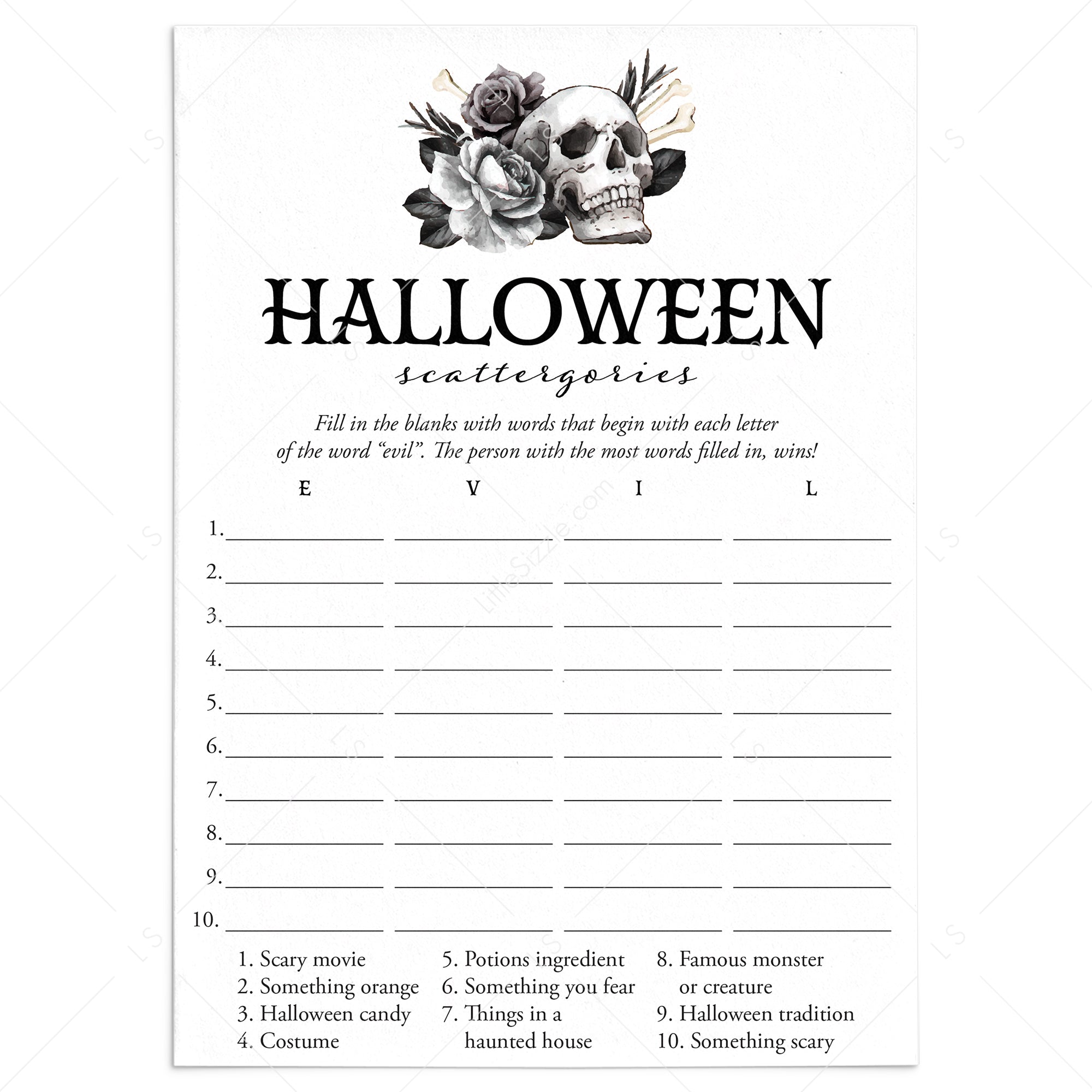 Black Halloween Party Game Scattergories by LittleSizzle