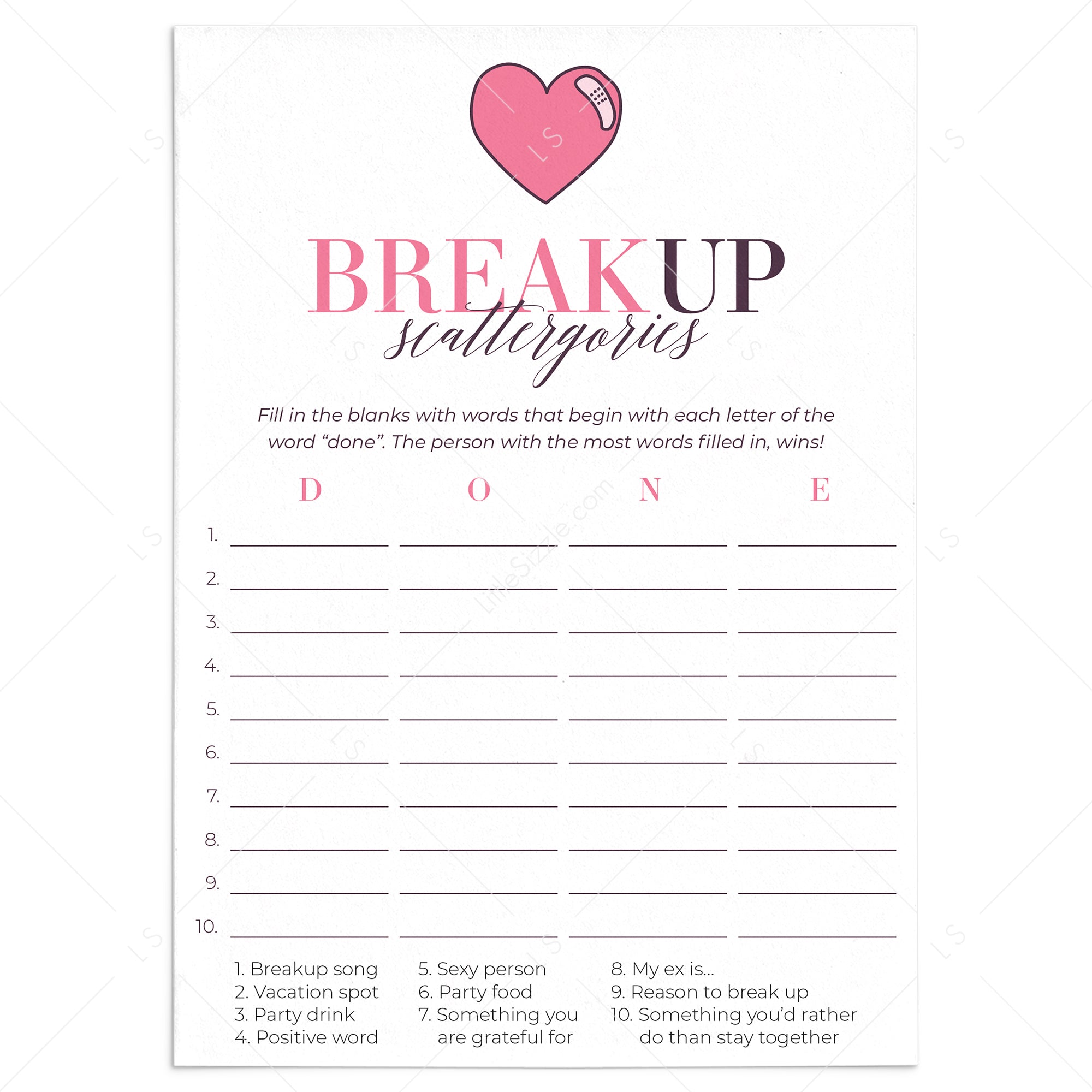 Breakup Party Game Scattergories Printable by LittleSizzle